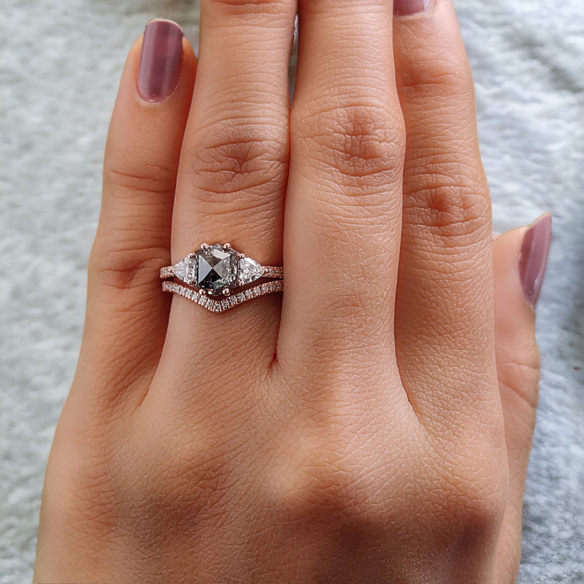 Hexagon Cut Salt And Pepper Diamond Ring 1.23 Ct 6.92 MM Hexagon Cut Diamond Ring 14K Rose Gold Silver Engagement Ring Gift For Her QL2743