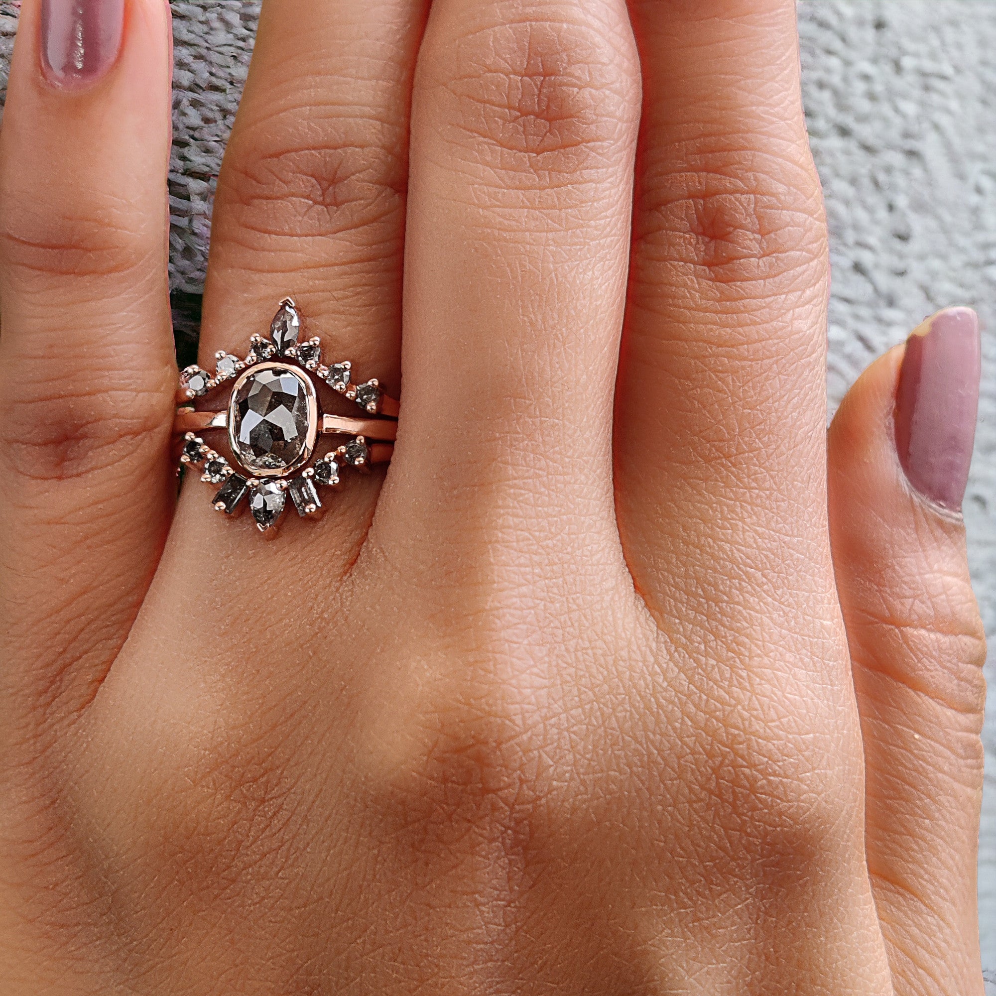 Oval Cut Salt And Pepper Diamond Ring 1.37 Ct 7.33 MM Oval Diamond Ring 14K Solid Rose Gold Silver Oval Engagement Ring Gift For Her QL2299