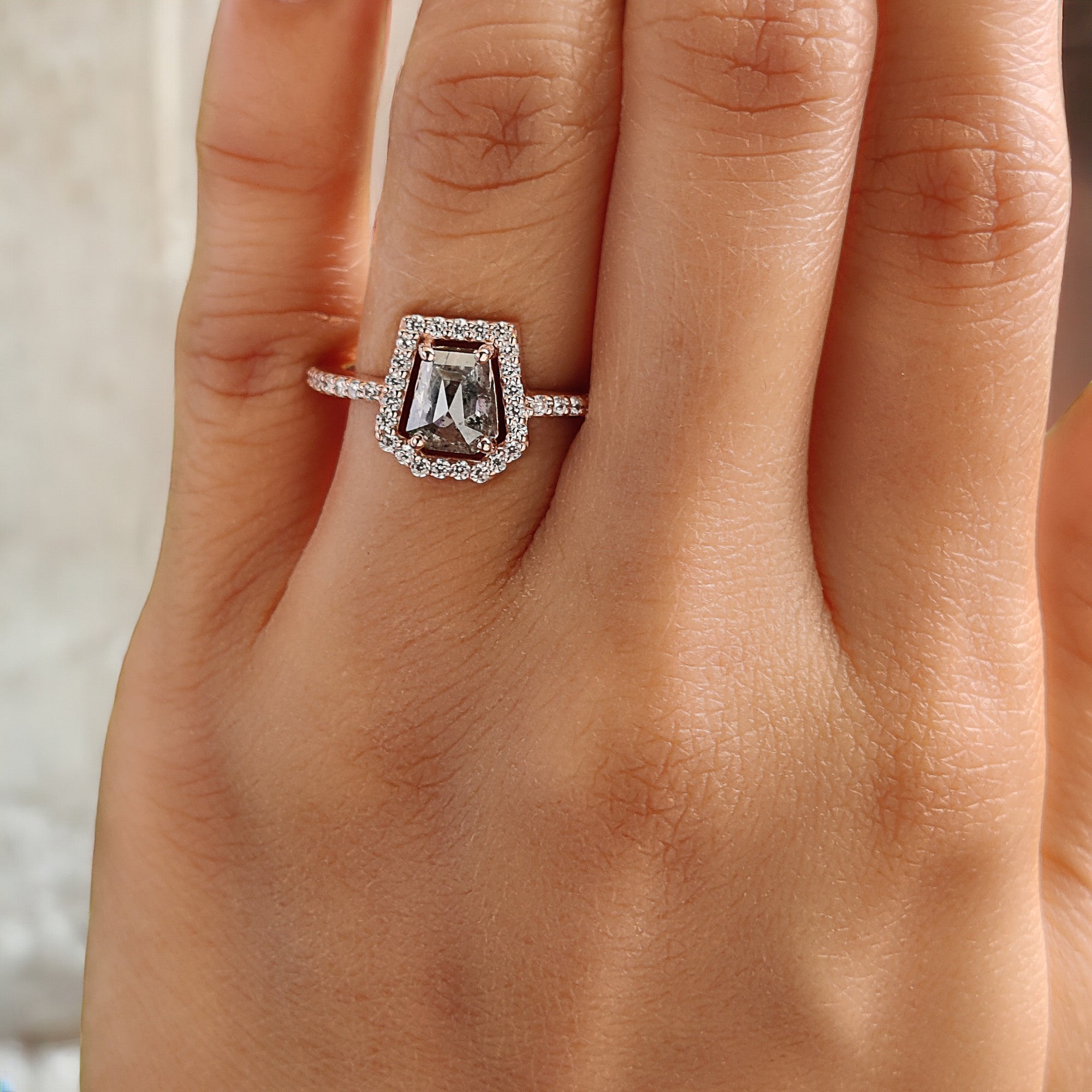 Coffin Cut Salt And Pepper Diamond Ring 1.03 Ct 6.30 MM Coffin Diamond Ring 14K Solid Rose Gold Silver Engagement Ring Gift For Her QL7466