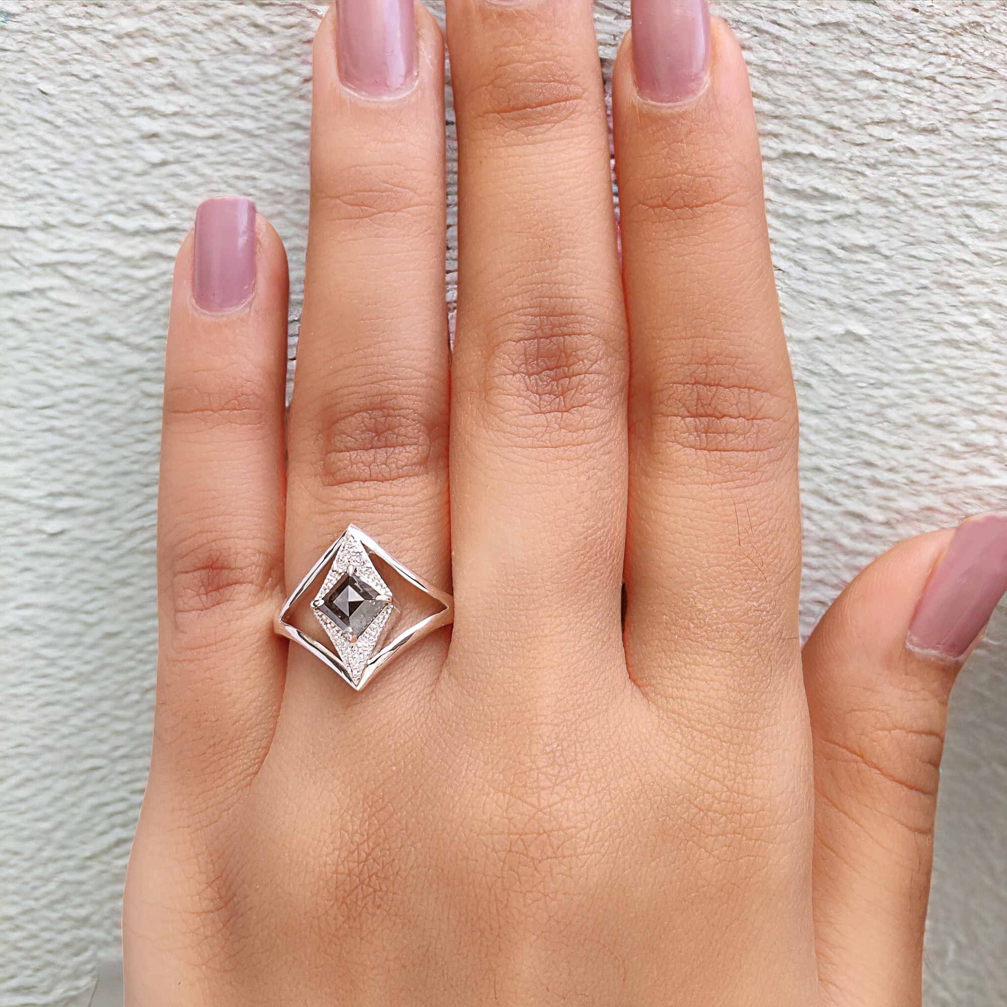 Kite Shape Salt And Pepper Diamond Ring 0.82 Ct 7.05 MM Kite Cut Diamond Ring 14K Solid White Gold Silver Engagement Ring Spilt Ring QN1650