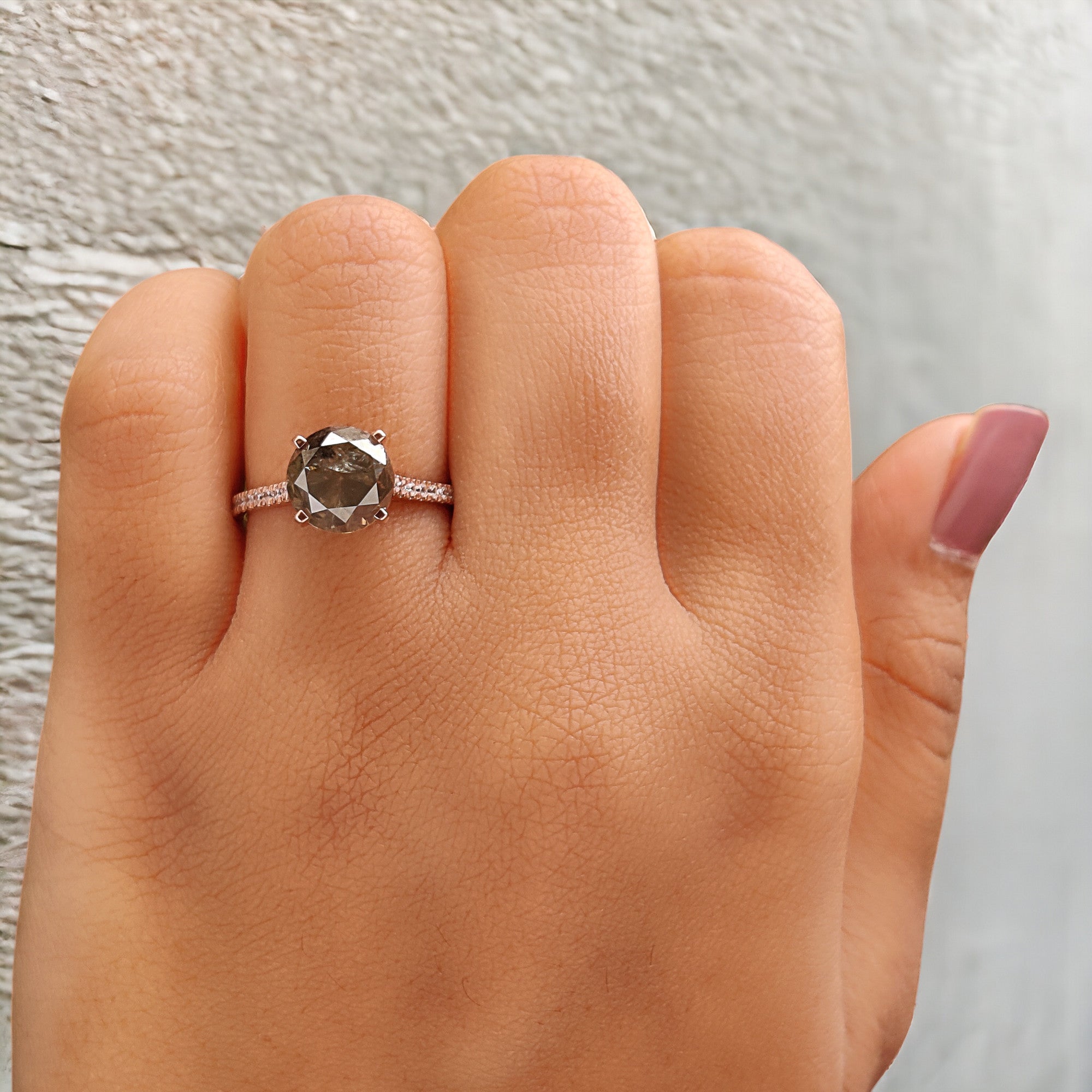 Round Cut Salt And Pepper Diamond Ring 2.84 Ct 8.15 MM Round Diamond Ring 14K Solid Rose Gold Silver Engagement Ring Gift For Her QL8876