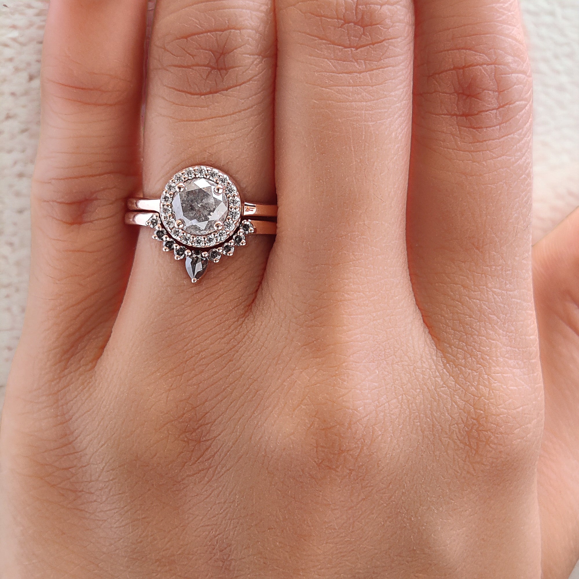 Round Cut Salt And Pepper Diamond Ring 1.06 Ct 6.10 MM Round Diamond Ring 14K Solid Rose Gold Silver Engagement Ring Gift For Her QL2719