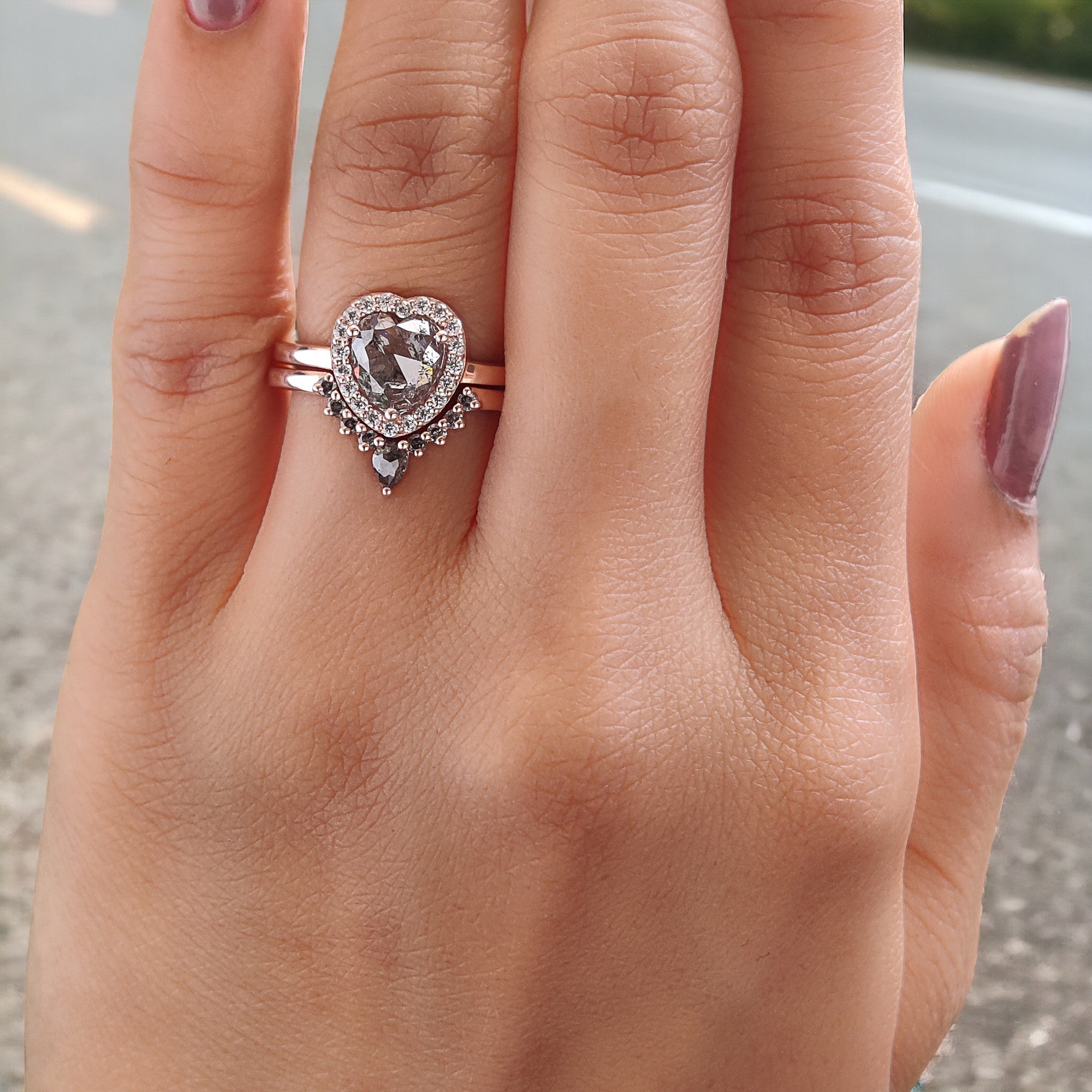 Heart Salt And Pepper Diamond Ring 1.54 Ct 7.09 MM Heart Shape Diamond Ring 14K Solid Rose Gold Silver Engagement Ring Gift For Her QL2598