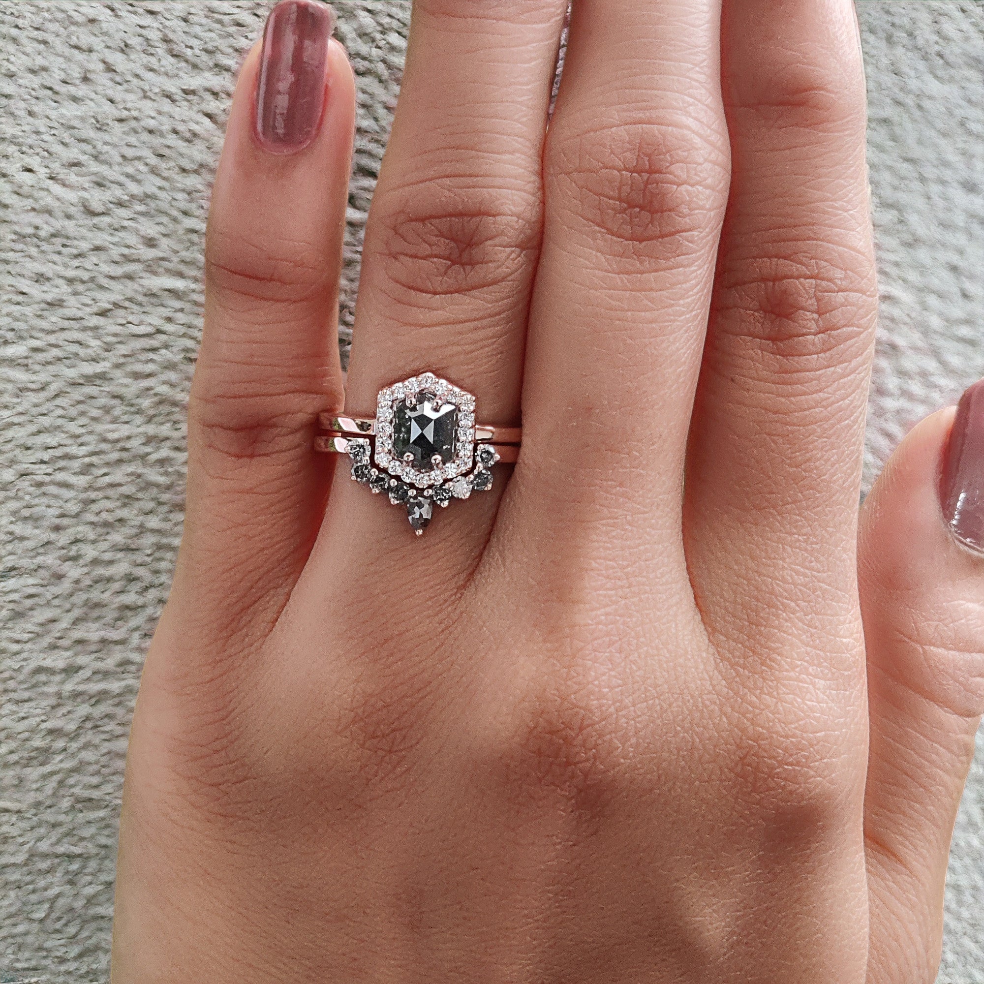 Hexagon Cut Salt And Pepper Diamond Ring 0.95 Ct 6.40 MM Hexagon Diamond Ring 14K Solid Rose Gold Silver Engagement Ring Gift For Her QN1448