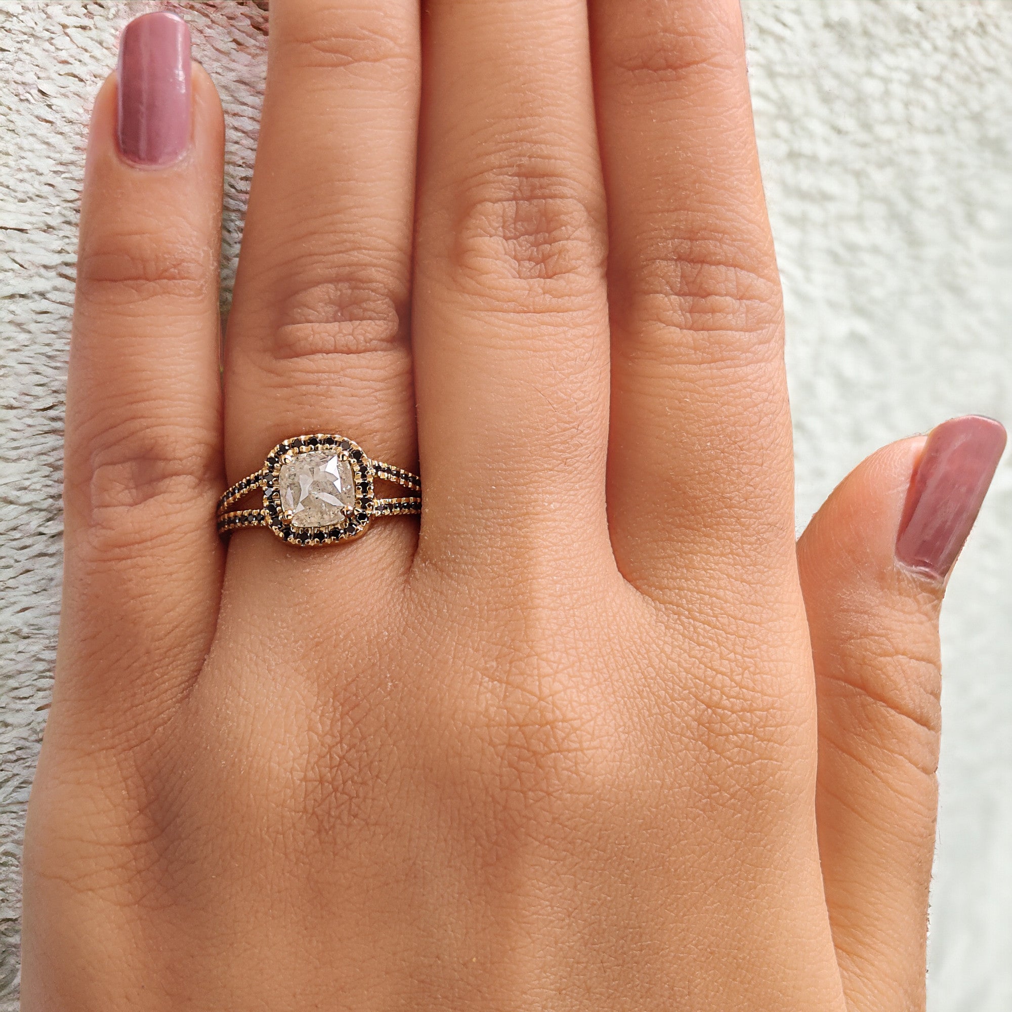 Cushion Cut Salt And Pepper Diamond Ring 1.44 Ct 6.40 MM Cushion Diamond Ring 14K Yellow Gold Silver Engagement Ring Gift For Her QL6437