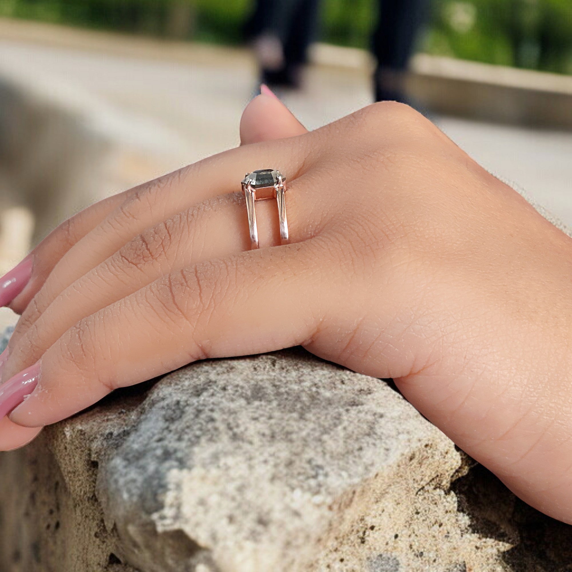 Hexagon Cut Salt And Pepper Diamond Ring 0.61 Ct 7.64 MM Hexagon Cut Diamond Ring 14K Rose Gold Silver Engagement Ring Gift For Her QL9458