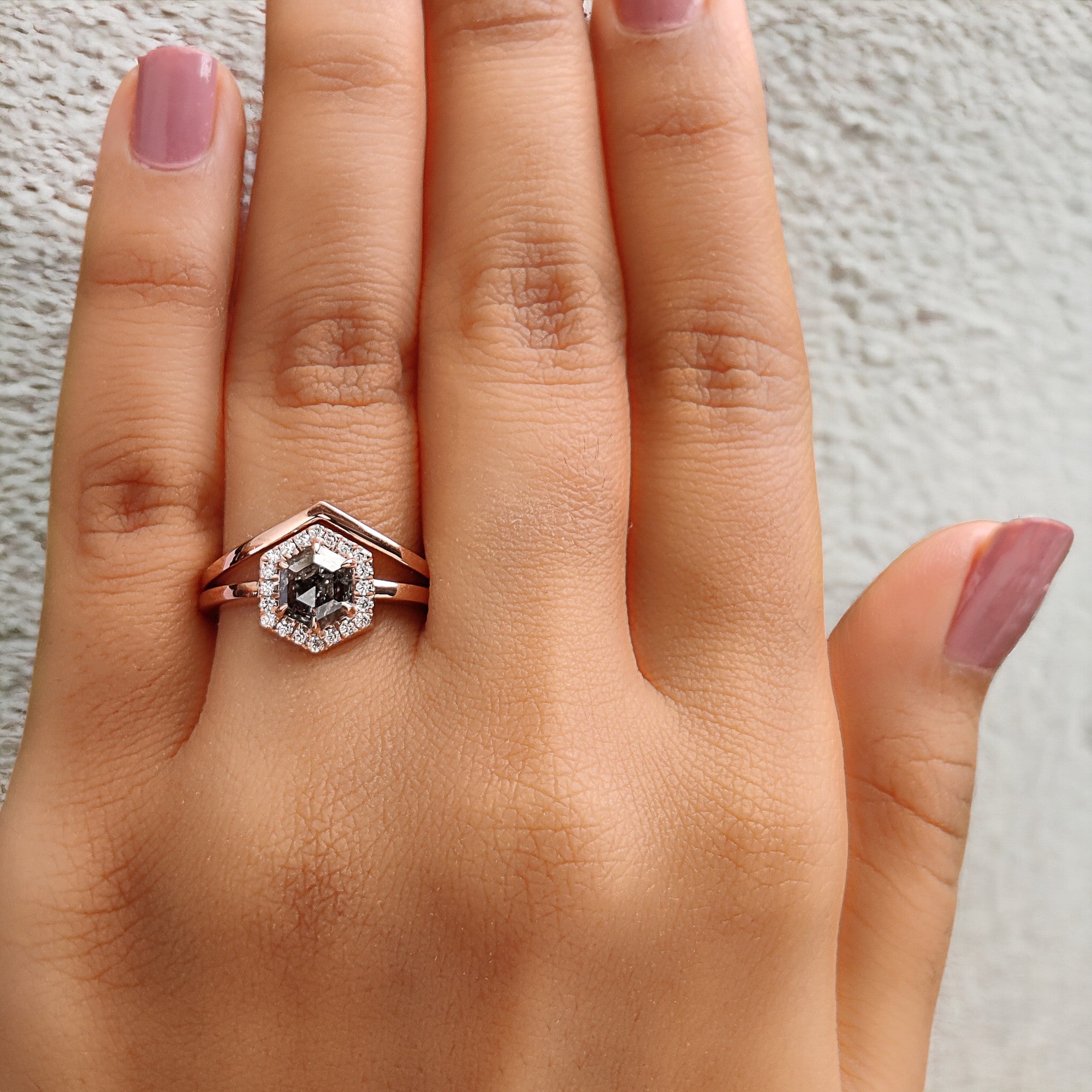 Hexagon Cut Salt And Pepper Diamond Ring 0.88 Ct 6.80 MM Hexagon Cut Diamond Ring 14K Rose Gold Silver Engagement Ring Gift For Her QL9968