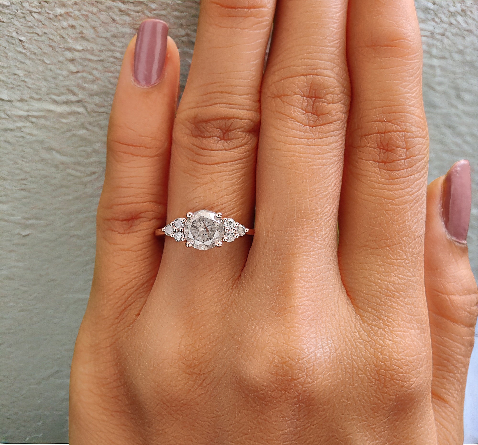 Round Cut Salt And Pepper Diamond Ring 1.43 Ct 6.75 MM Round Diamond Ring 14K Solid Rose Gold Silver Engagement Ring Gift For Her QL8207