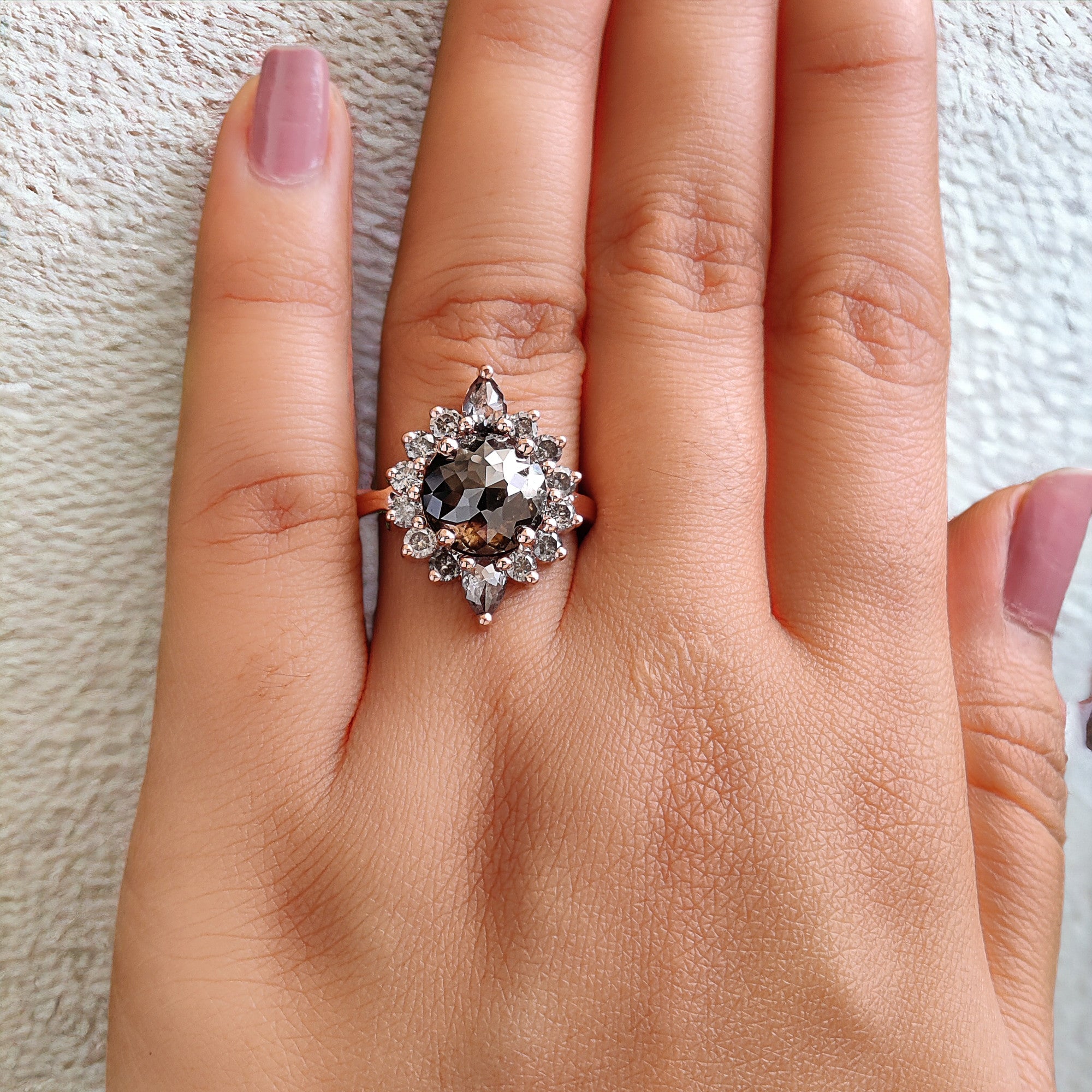 Round Rose Cut Salt And Pepper Diamond Ring 4.20 Ct 9.90 MM Round Diamond Ring 14K Rose Gold Silver Engagement Ring Gift For Her QL8509