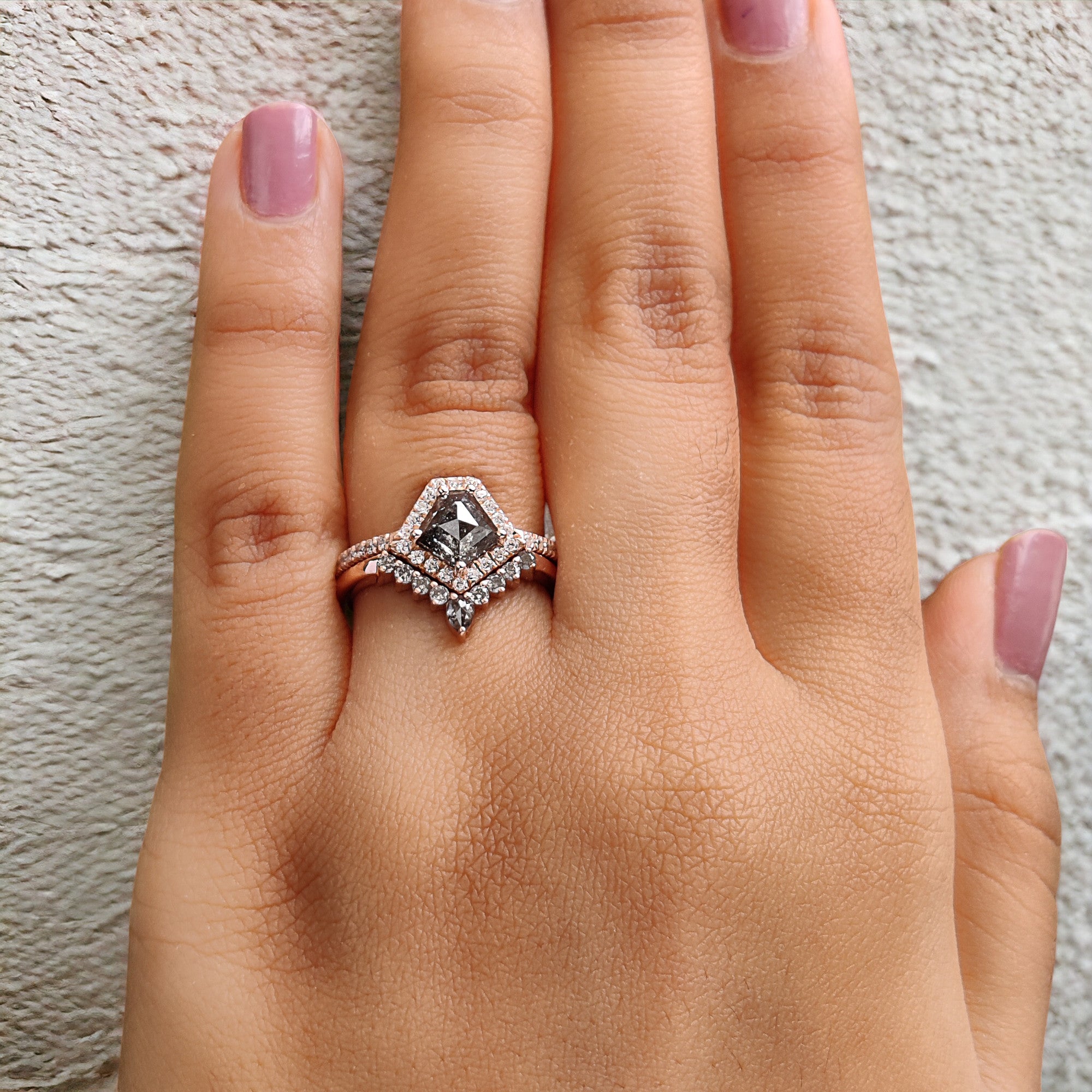 Pentagon Salt And Pepper Diamond Ring 1.12 Ct 6.85 MM Pentagon Diamond Ring 14K Solid Rose Gold Silver Engagement Ring Gift For Her QL1501