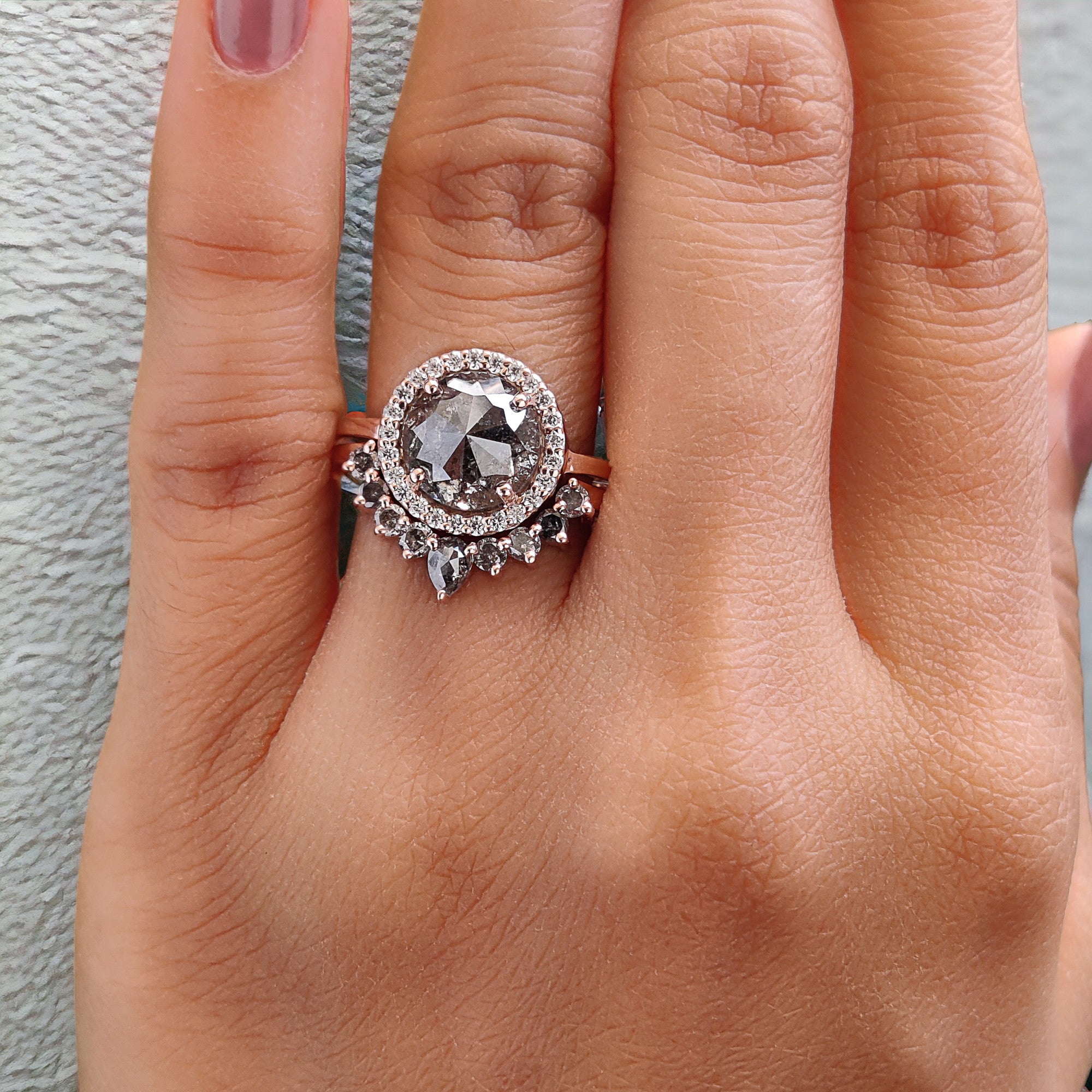 Round Rose Cut Salt And Pepper Diamond Ring 2.77 Ct 8.40 MM Round Diamond Ring 14K Rose Gold Silver Engagement Ring Gift For Her QL9731