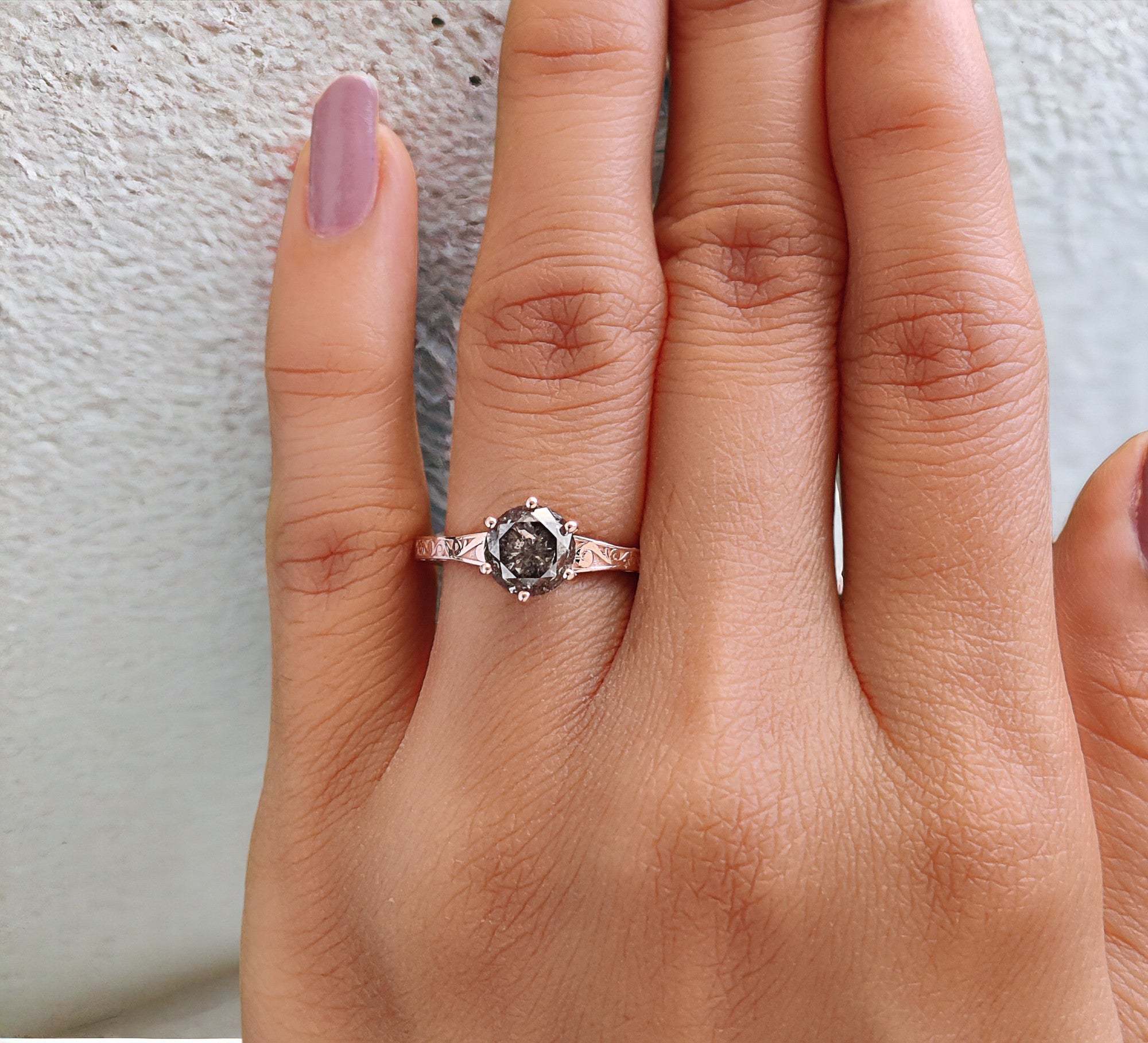 Round Salt And Pepper Diamond Ring 1.51 Ct 6.60 MM Round Cut Diamond Ring 14K Solid Rose Gold Silver Engagement Ring Gift For Her QL8399