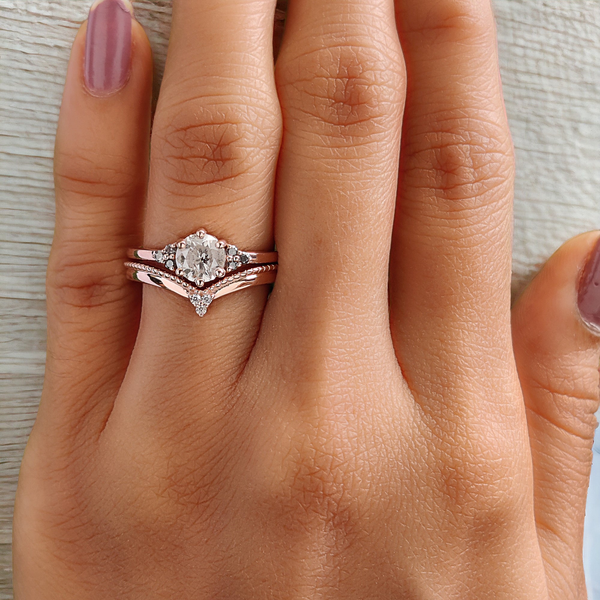 Round Cut Salt And Pepper Diamond Ring 0.73 Ct 5.60 MM Round Diamond Ring 14K Solid Rose Gold Silver Engagement Ring Gift For Her QN8155