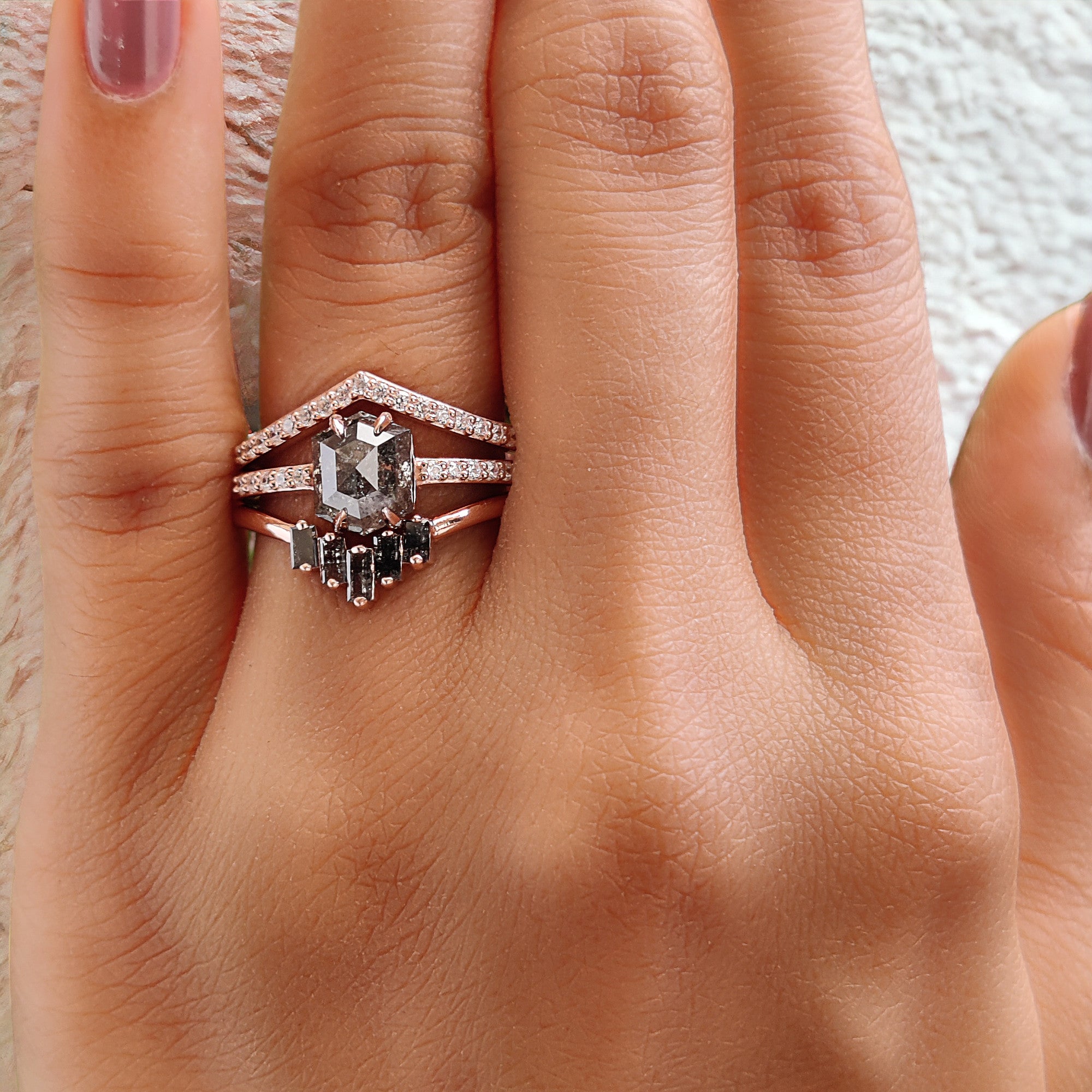 Hexagon Salt And Pepper Diamond Ring 1.41 Ct 7.50 MM Hexagon Cut Diamond Ring 14K Solid Rose Gold Silver Engagement Ring Gift For Her QL1262