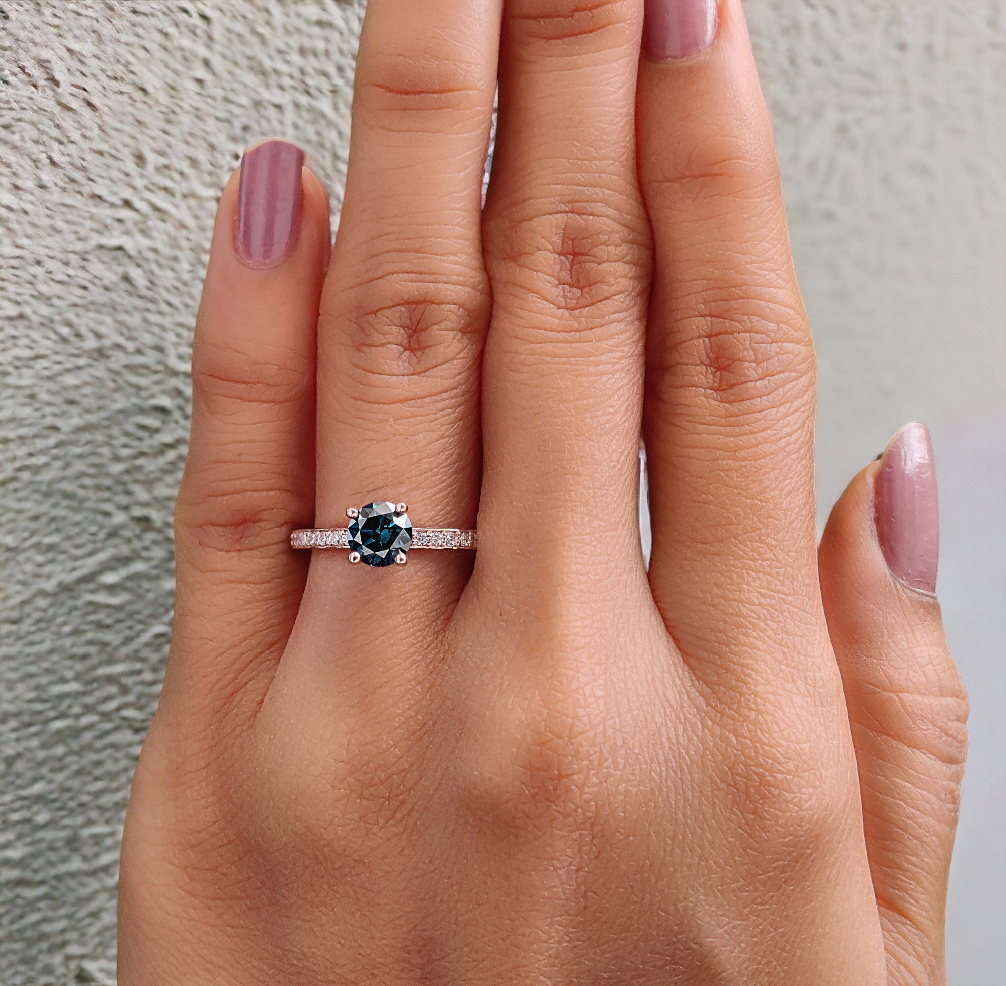 Round Shape Blue Color Diamond Ring 0.74 Ct 5.60 MM Round Cut Diamond Ring 14K Solid Rose Gold Silver Engagement Ring Gift For Her QL1596