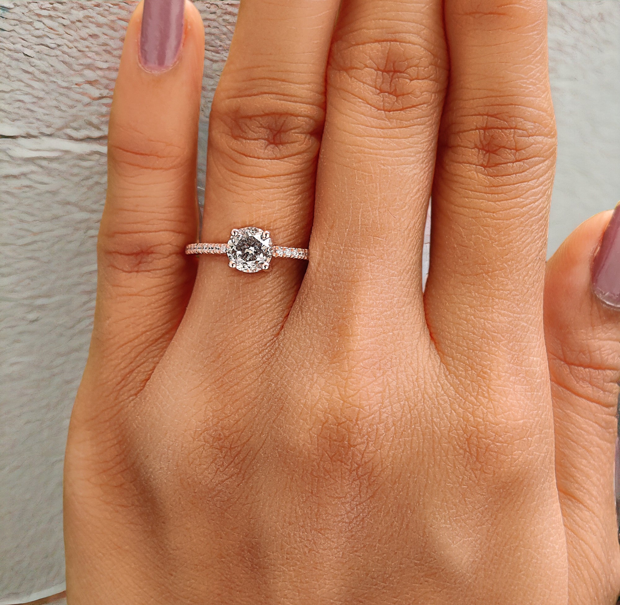 Round Salt And Pepper Diamond Ring 0.86 Ct 5.70 MM Round Cut Diamond Ring 14K Solid Rose Gold Silver Engagement Ring Gift For Her QL2652