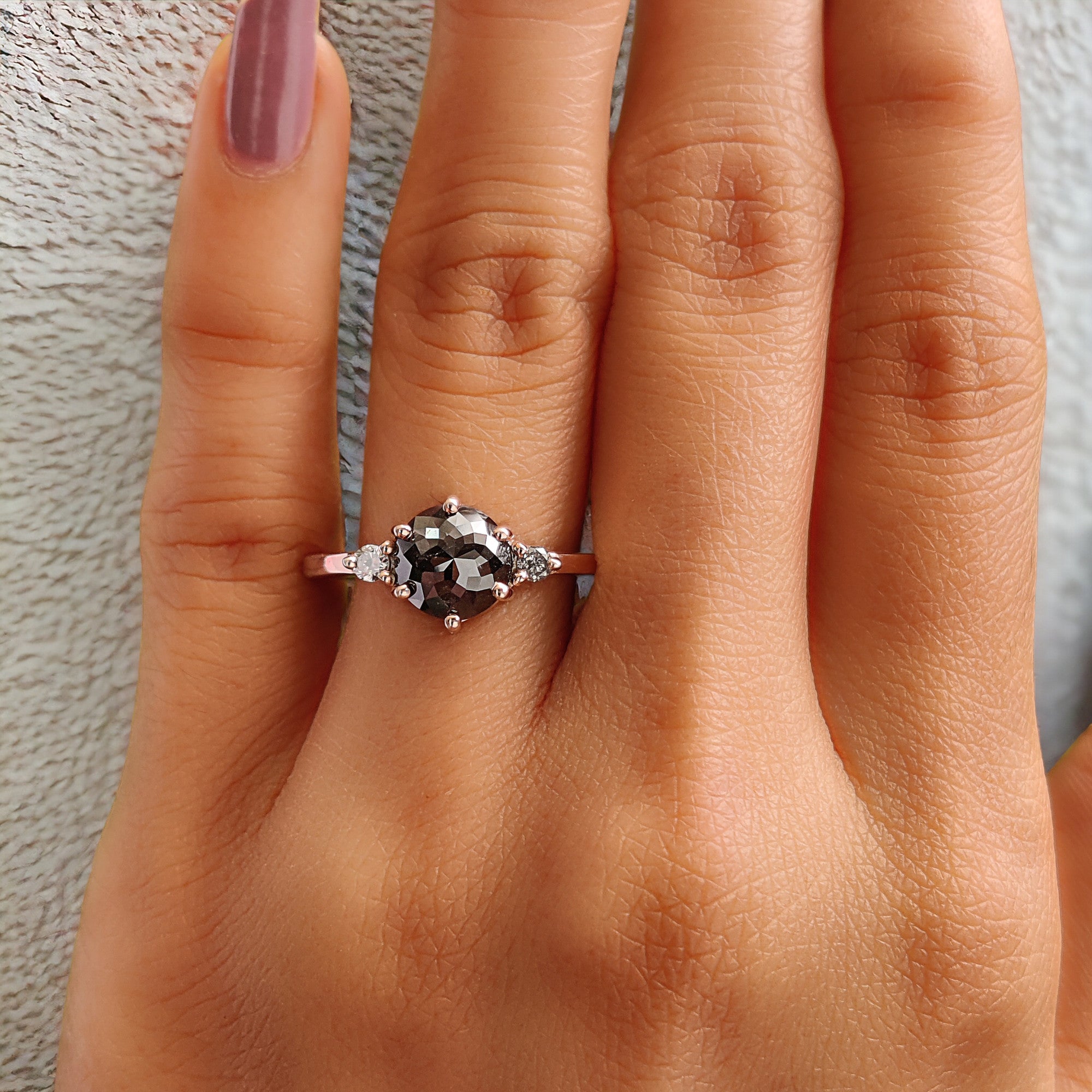 Round Rose Cut Salt And Pepper Diamond Ring 1.78 Ct 7.20 MM Round Diamond Ring 14K Rose Gold Silver Engagement Ring Gift For Her QN9666