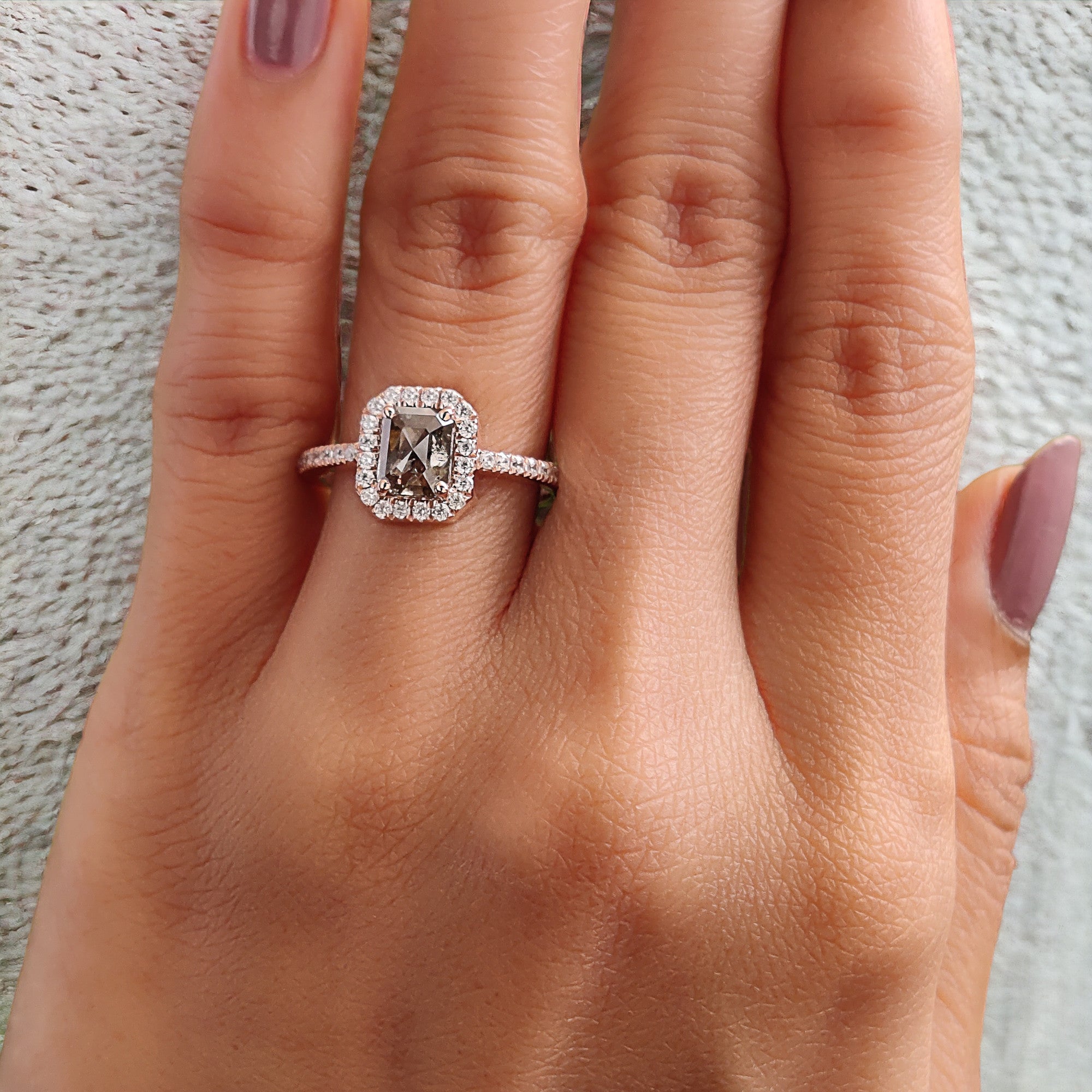 Emerald Cut Salt And Pepper Diamond Ring 0.86 Ct 6.10 MM Emerald Diamond Ring 14K Solid Rose Gold Silver Engagement Ring Gift For Her QL9563