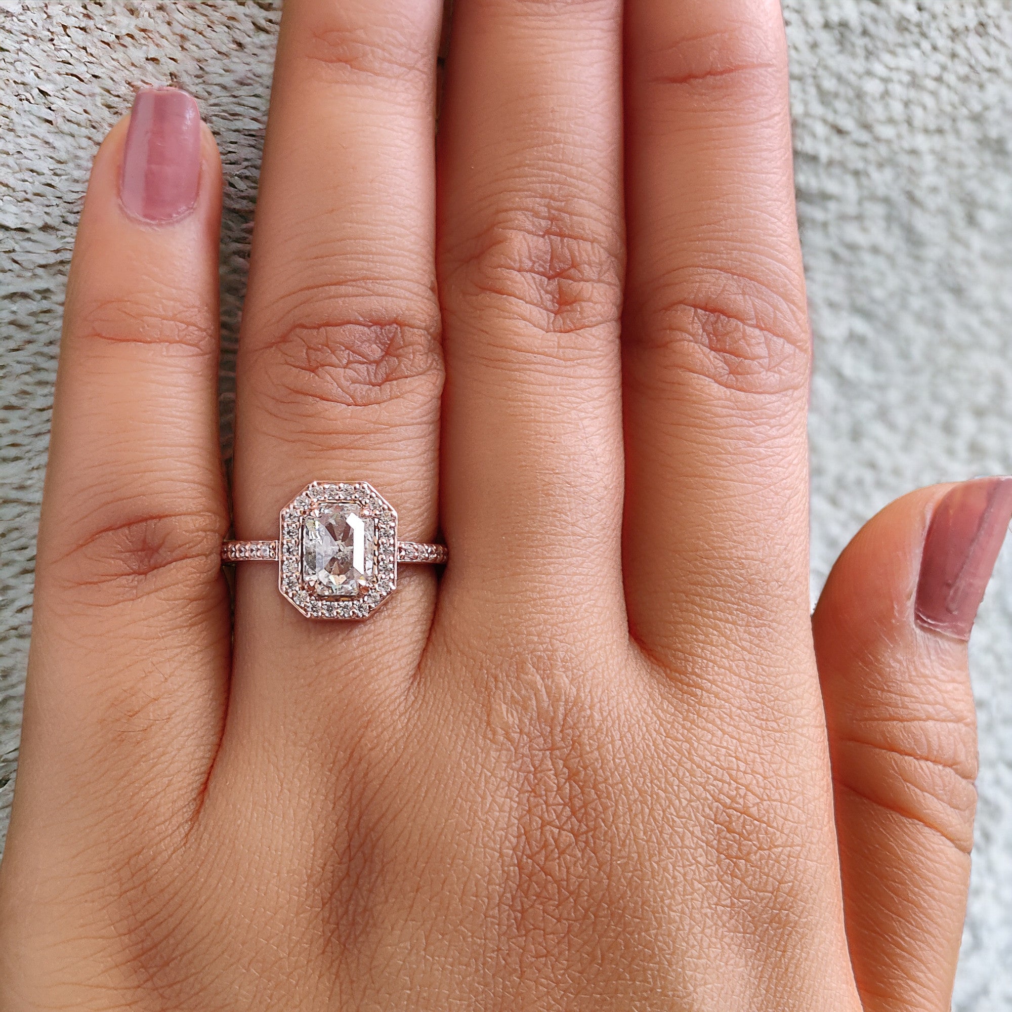 Emerald Cut Salt And Pepper Diamond Ring 1.57 Ct 7.28 MM Emerald Diamond Ring 14K Solid Rose Gold Silver Engagement Ring Gift For Her QL2584