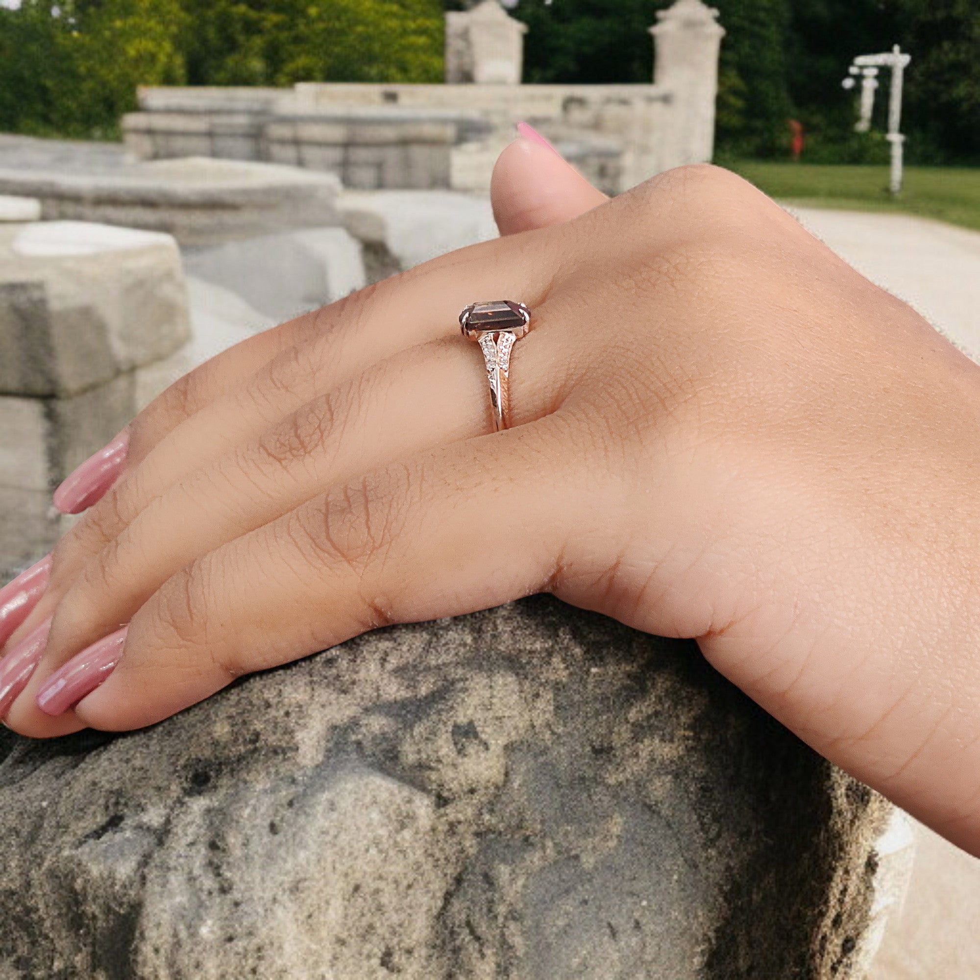 Hexagon Cut Brown Color Diamond Ring 0.76 Ct 7.40 MM Hexagon Diamond Ring 14K Solid Rose Gold Silver Engagement Ring Gift For Her QL1660