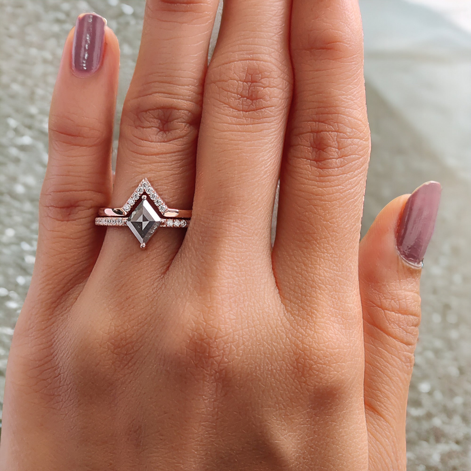 Kite Cut Salt And Pepper Diamond Ring 0.97 Ct 8.45 MM Kite Diamond Ring 14K Solid Rose Gold Silver Kite Engagement Ring Gift For Her QL3065