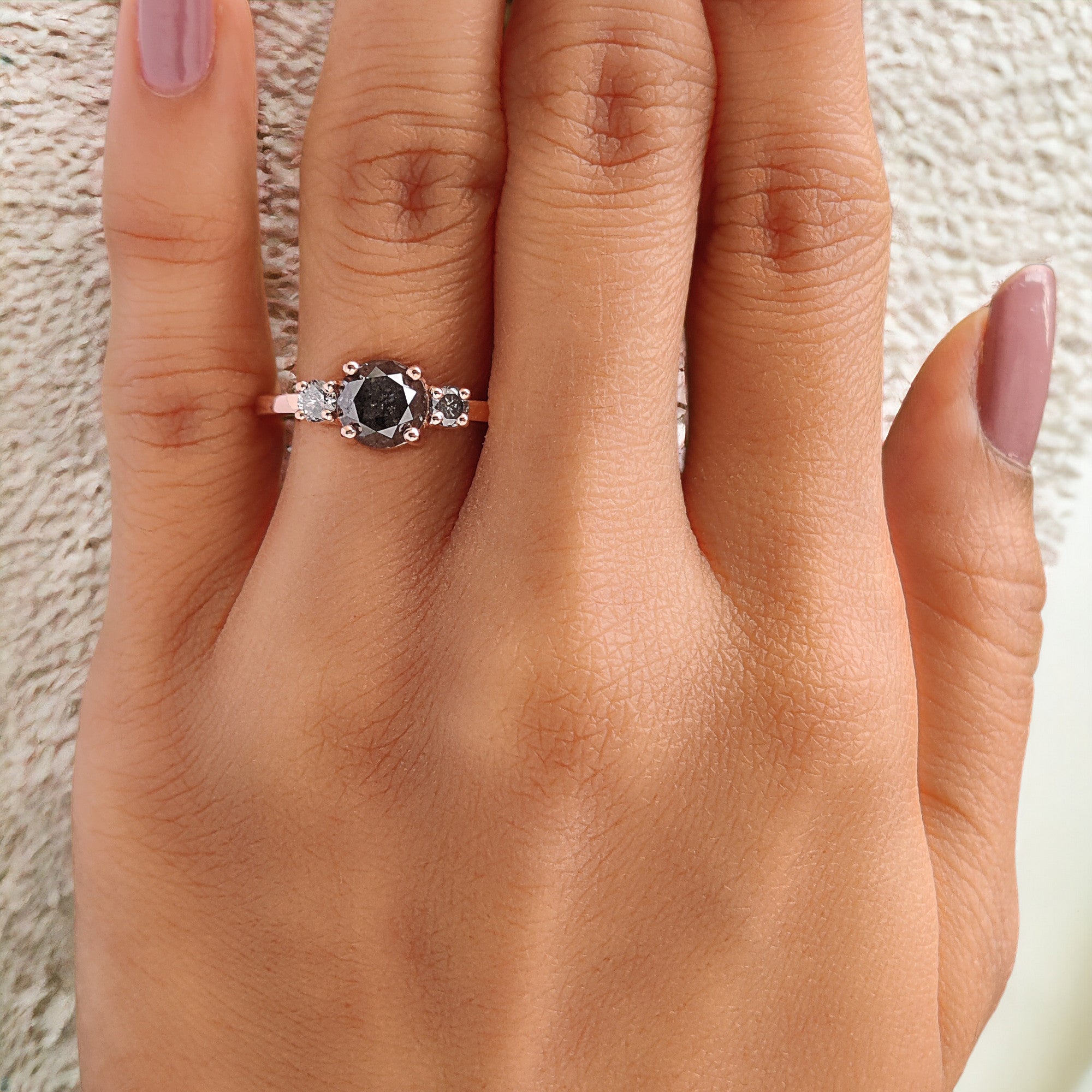 Round Cut Salt And Pepper Diamond Ring 1.47 Ct 6.45 MM Round Diamond Ring 14K Solid Rose Gold Silver Engagement Ring Gift For Her QN9377