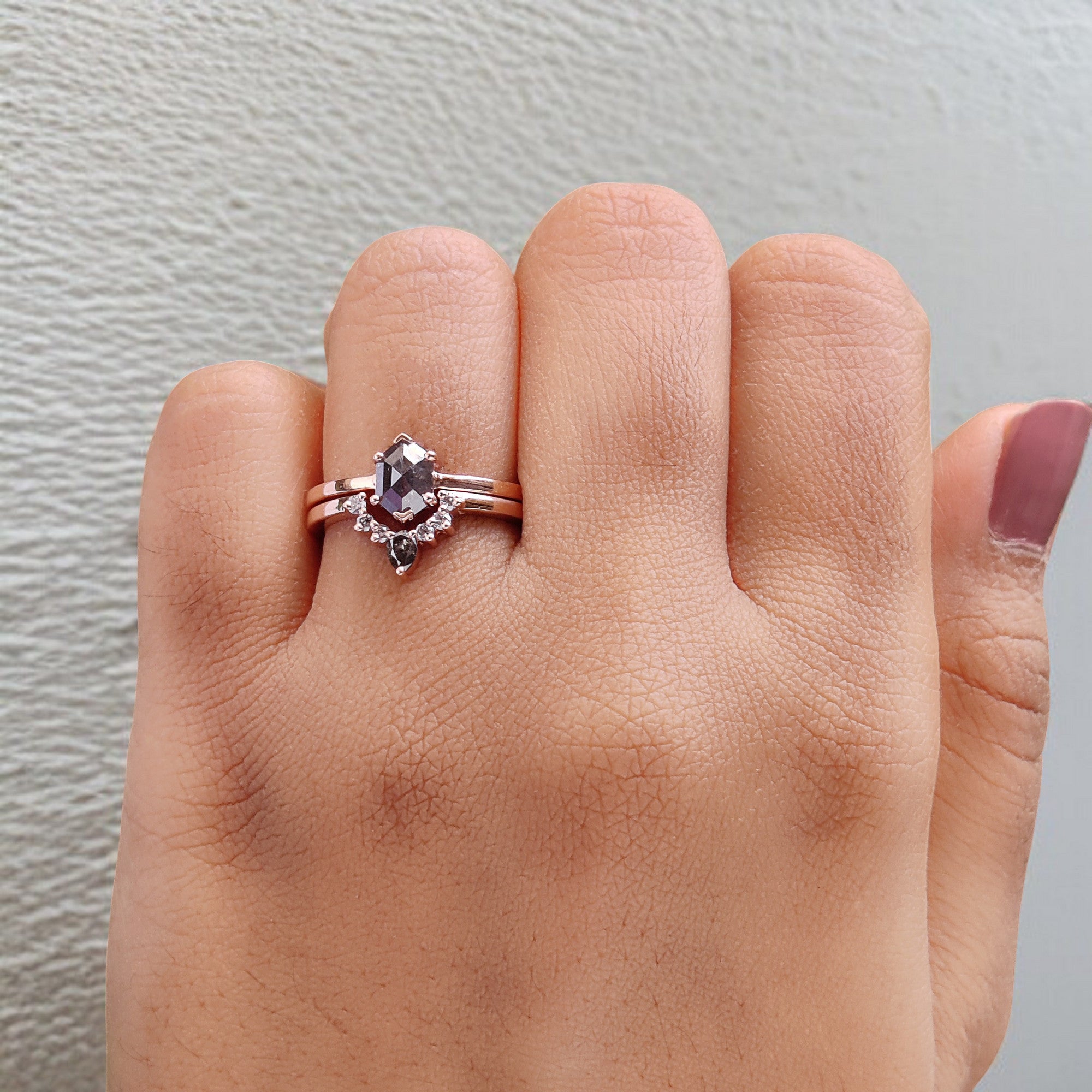 Hexagon Cut Salt And Pepper Diamond Ring 0.70 Ct 7.05 MM Hexagon Diamond Ring 14K Solid Rose Gold Silver Engagement Ring Gift For Her QL8153