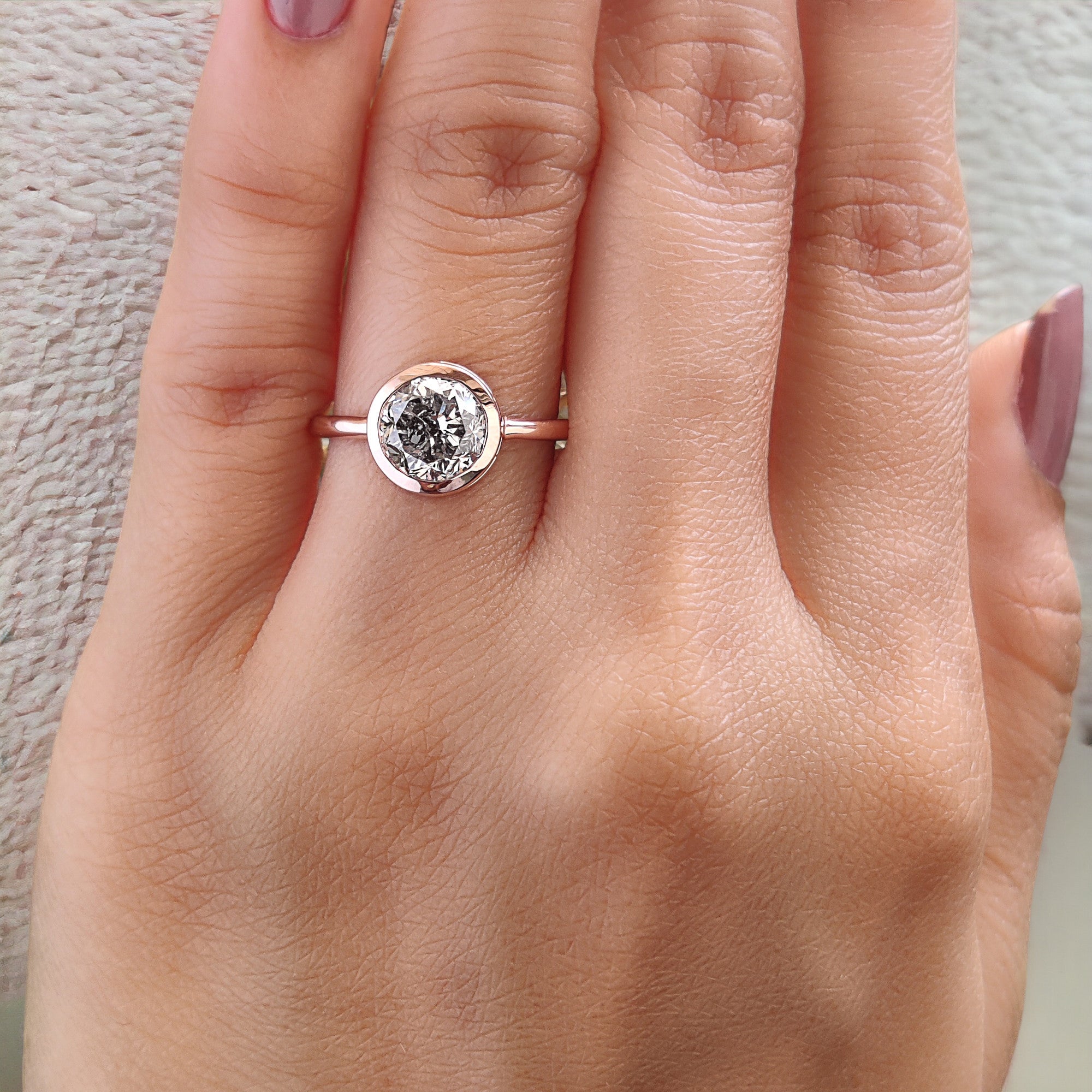 Round Cut Salt And Pepper Diamond Ring 1.55 Ct 7.05 MM Round Diamond Ring 14K Solid Rose Gold Silver Engagement Ring Gift For Her QL2650