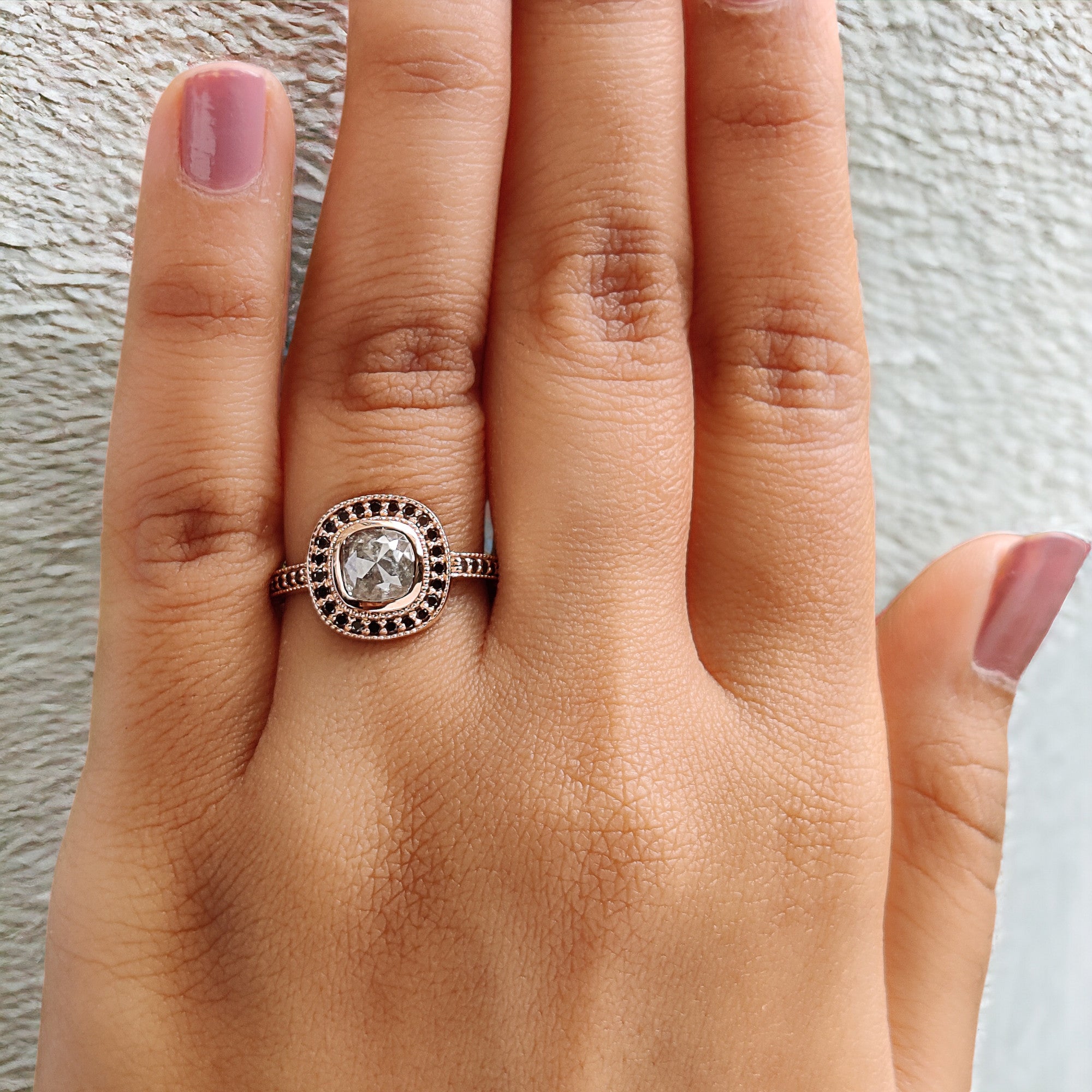 Cushion Cut Grey Color Diamond Ring 1.17 Ct 5.80 MM Cushion Diamond Ring 14K Solid Rose Gold Silver Engagement Ring Gift For Her QL6180