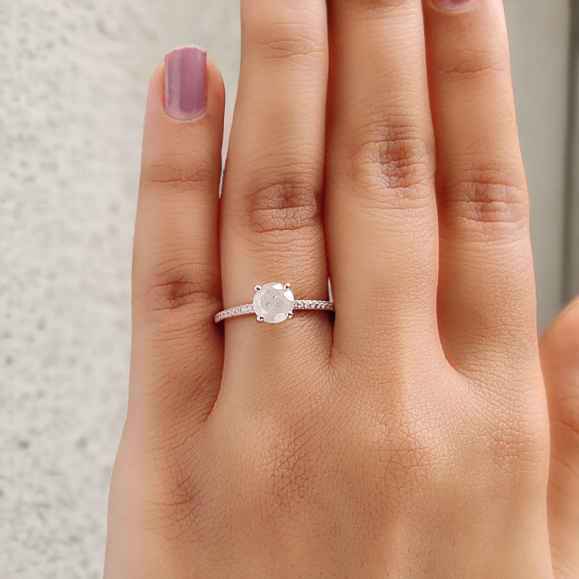 0.86 Ct Natural Round Shape Grey Color Diamond Ring 5.95 MM Round Rose Cut Diamond Ring 14K Solid Rose Gold Silver Engagement Ring QN1062