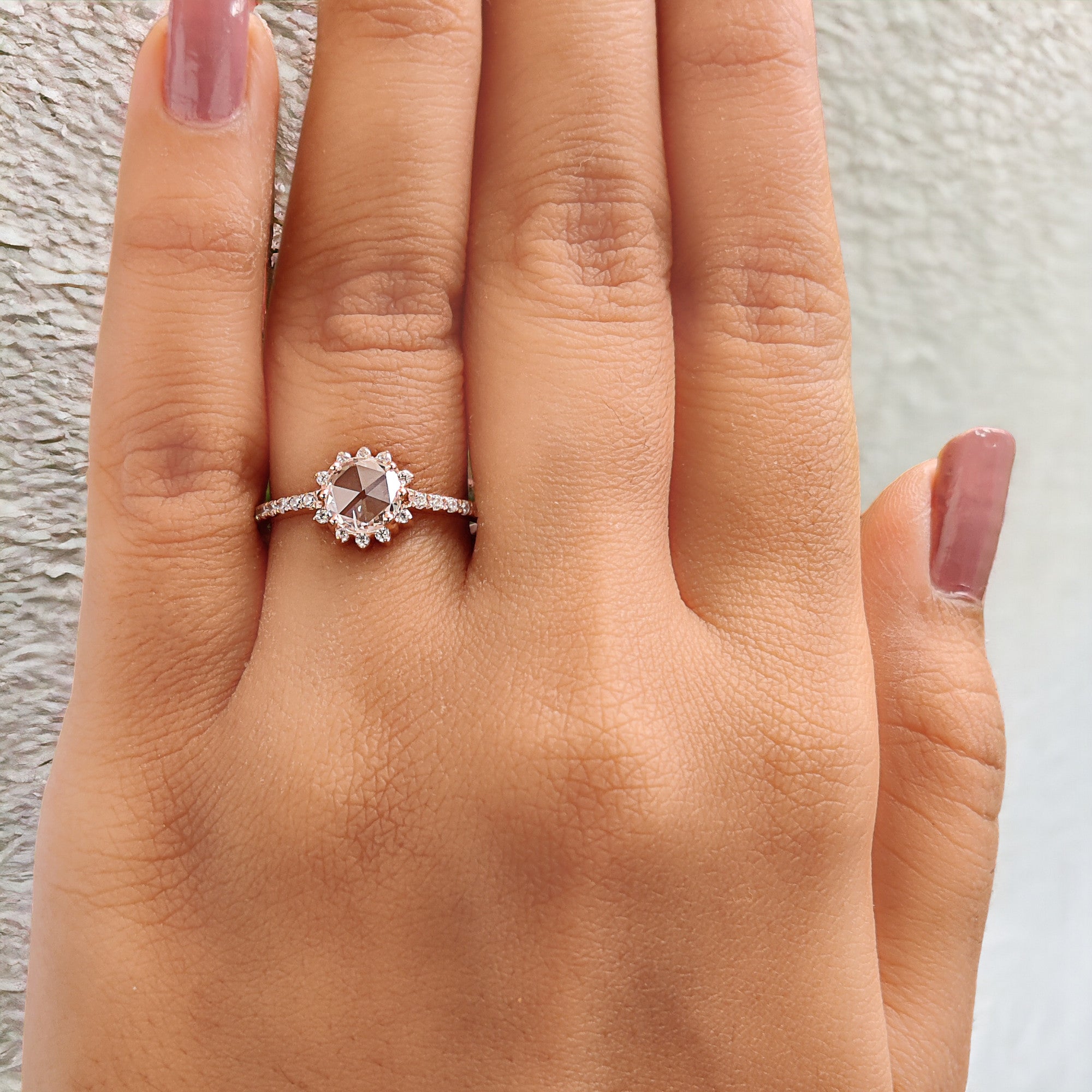 Round Rose Cut White Color Diamond Ring 0.55 Ct 6.00 MM Round Shape Diamond Ring 14K Rose Gold Silver Engagement Ring Gift For Her QL6242