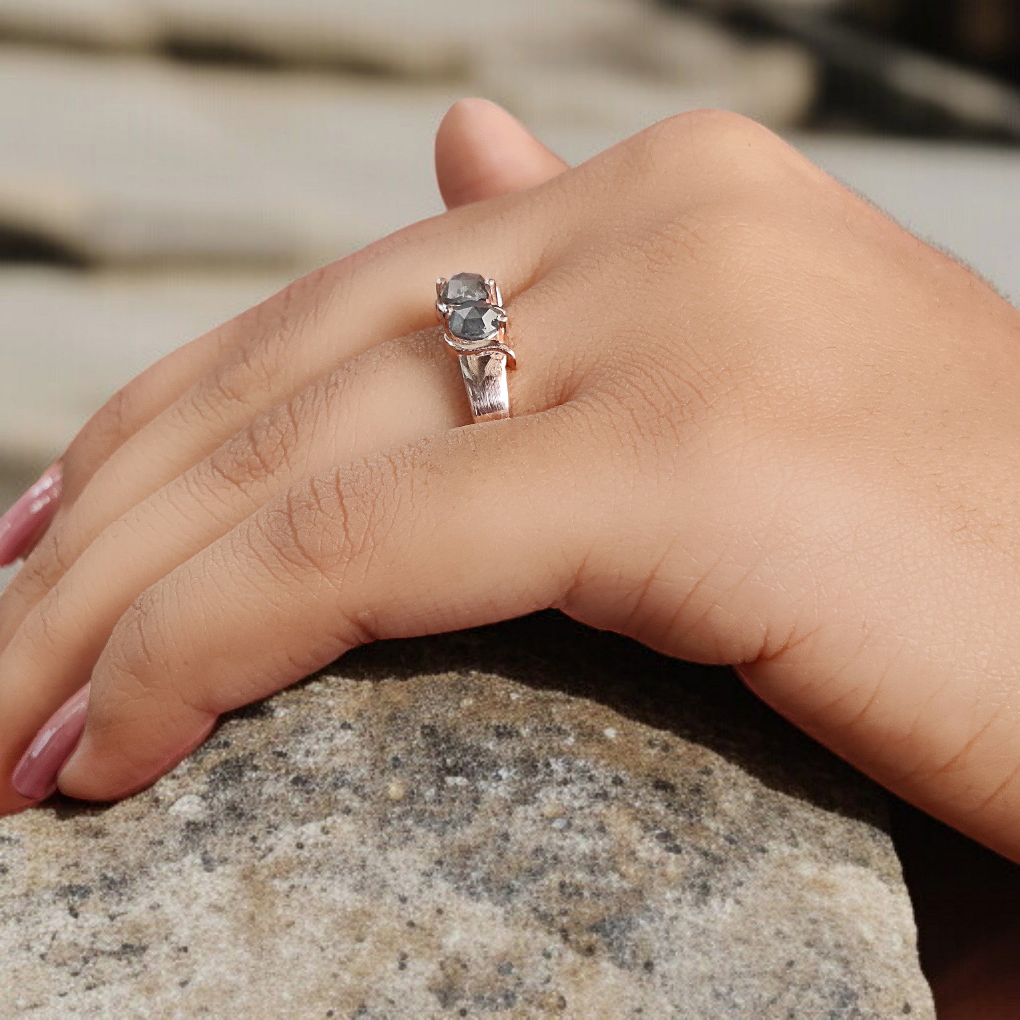 Round Rose Cut Salt And Pepper Diamond Ring 0.95 Ct 4.60 MM Round Diamond Ring 14K Rose Gold Silver Engagement Ring Gift For Her QL1006