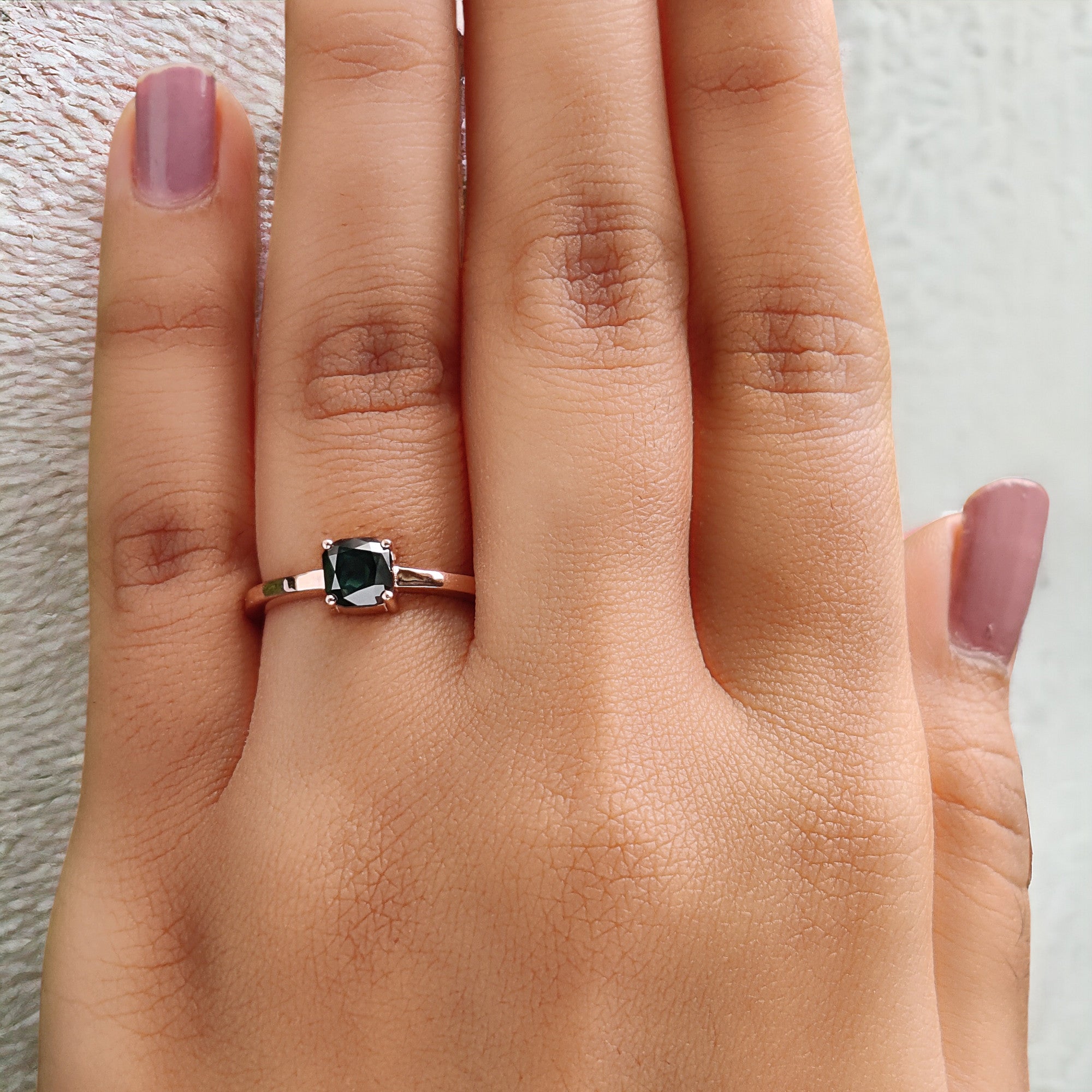 Cushion Shape Blue Color Diamond Ring 0.87 Ct 5.00 MM Cushion Diamond Ring 14K Solid Rose Gold Silver Engagement Ring Gift For Her QN9848