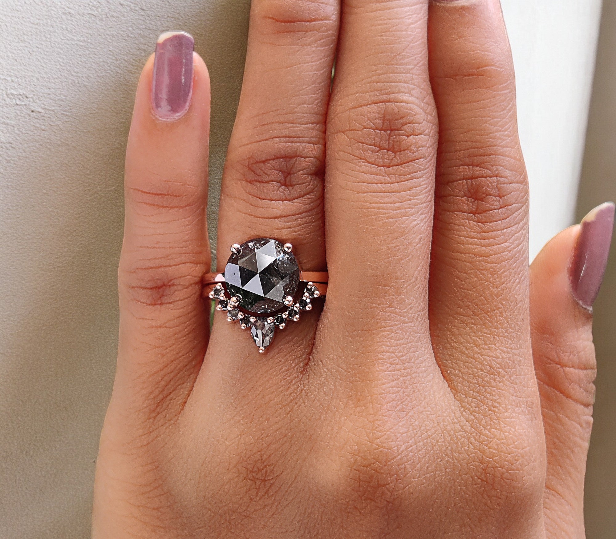 Round Rose Cut Salt And Pepper Diamond Ring 5.10 Ct 10.30 MM Round Diamond Ring 14K Solid Rose Gold Silver Engagement Ring Gift For Her QL093