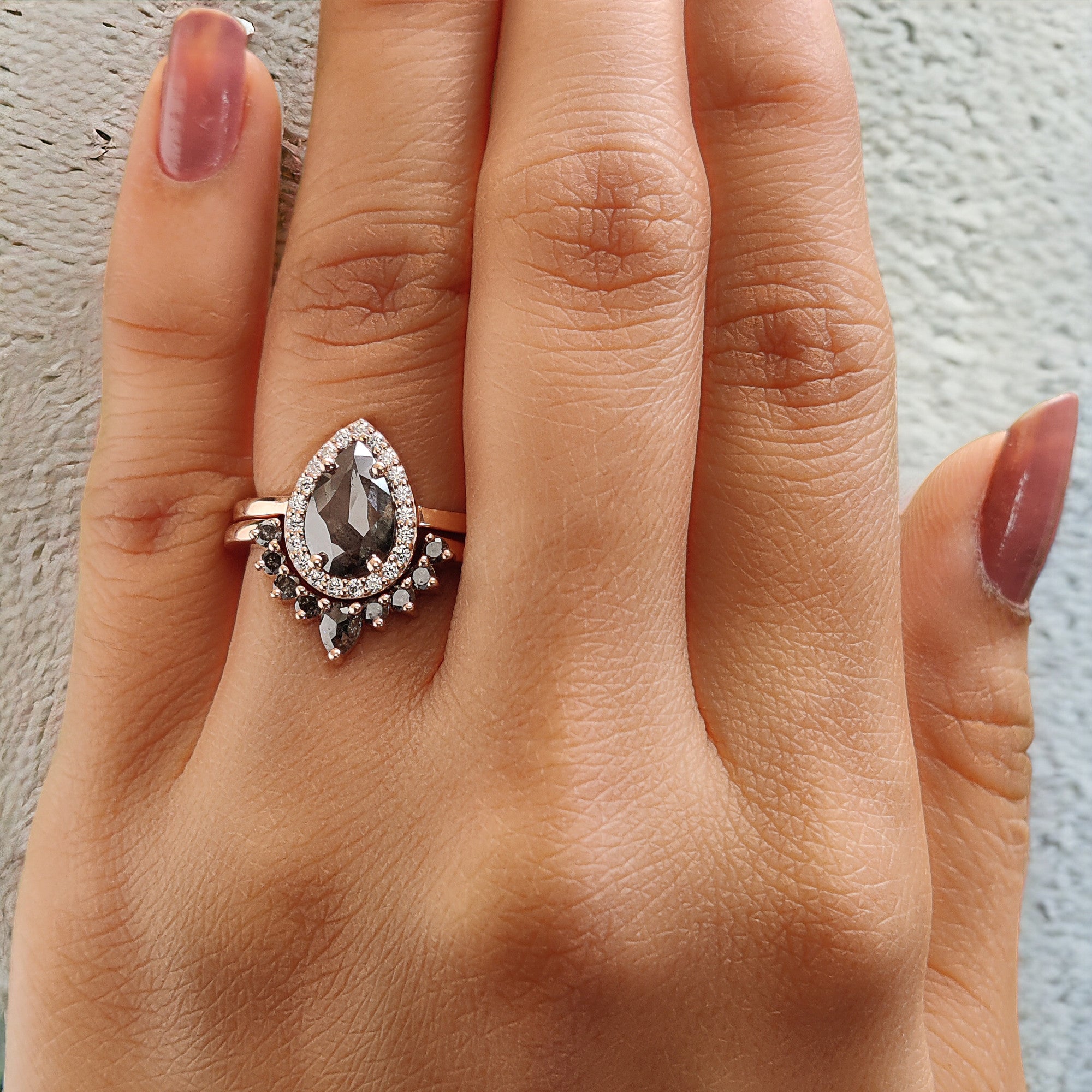 Pear Cut Salt And Pepper Diamond Ring 1.12 Ct 9.17 MM Pear Diamond Ring 14K Solid Rose Gold Silver Pear Engagement Ring Gift For Her QL2710