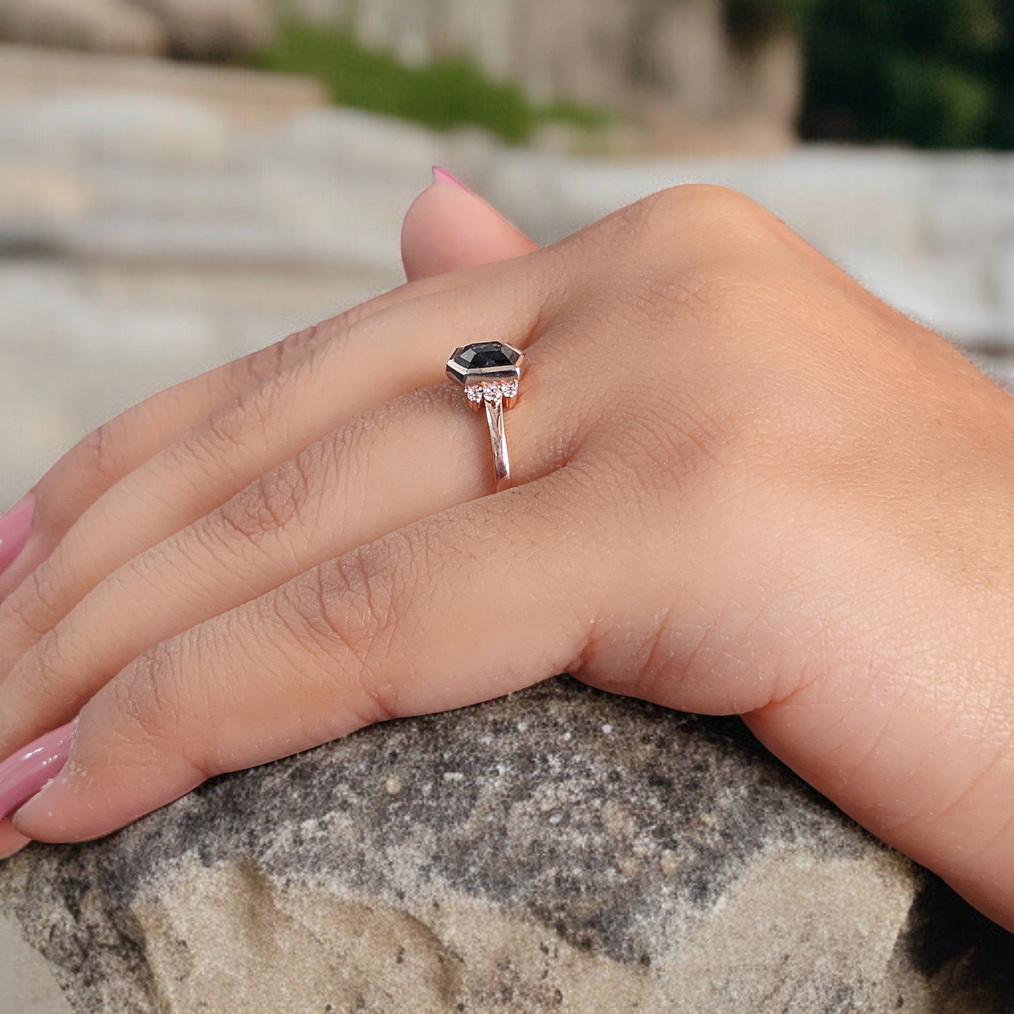 Hexagon Cut Salt And Pepper Diamond Ring 0.83 Ct 6.50 MM Hexagon Cut Diamond Ring 14K Rose Gold Silver Engagement Ring Gift For Her QL1503