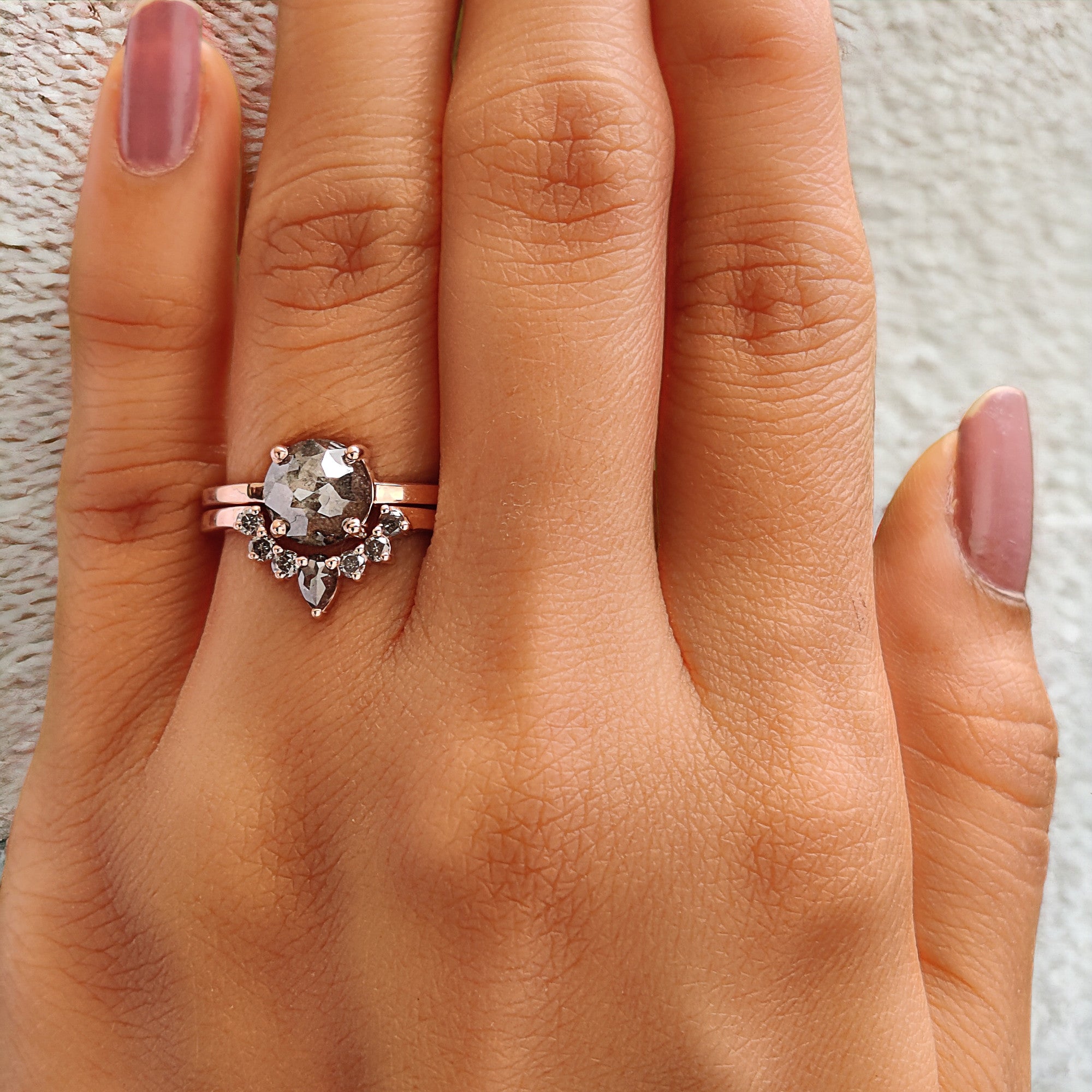 Round Rose Cut Salt And Pepper Diamond Ring 1.71 Ct 7.20 MM Diamond Ring 14K Solid Rose Gold Silver Engagement Ring Gift For Her QL1198