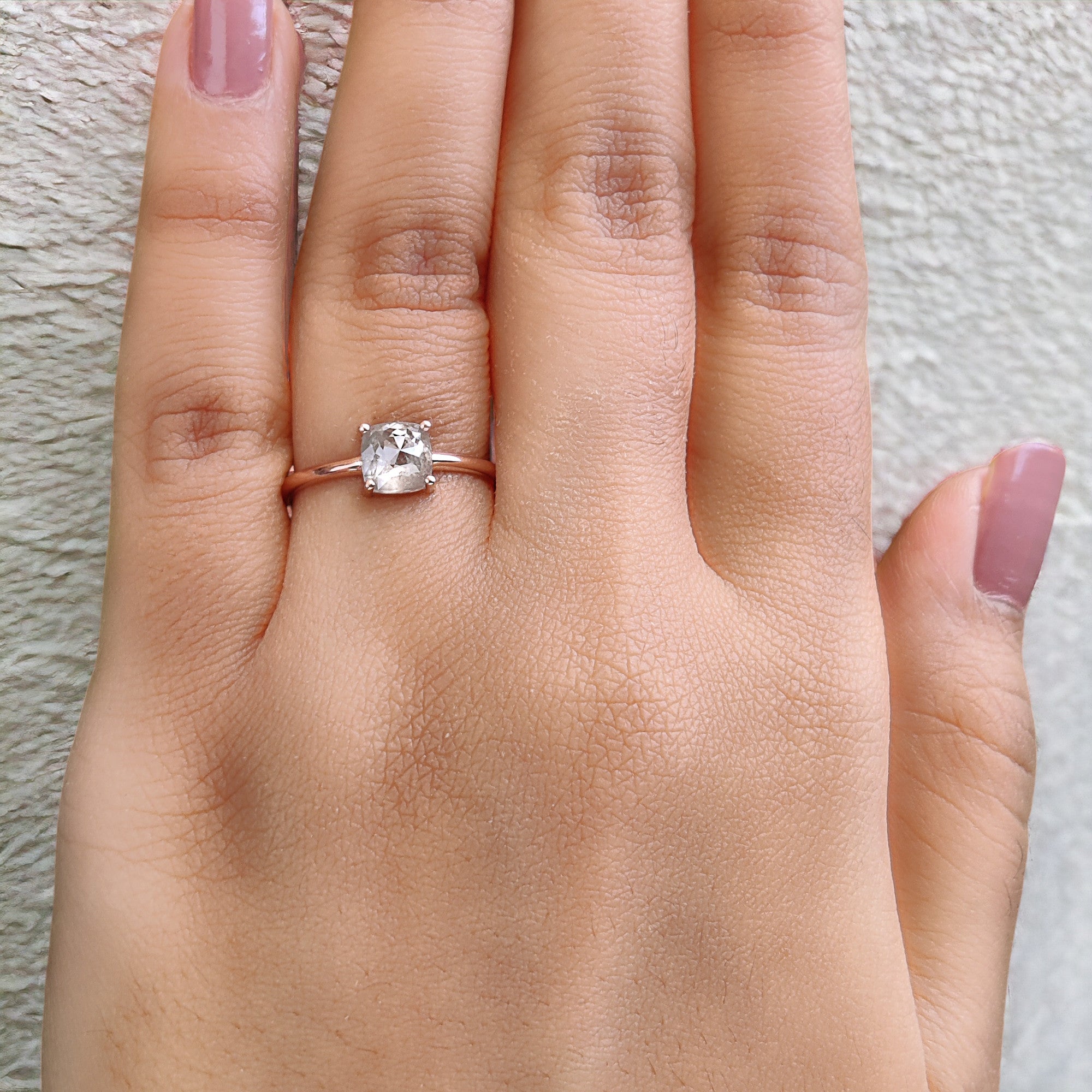 Cushion Cut Salt And Pepper Diamond Ring 1.03 Ct 5.60 MM Cushion Diamond Ring 14K Solid Rose Gold Silver Engagement Ring Gift For Her QN9217