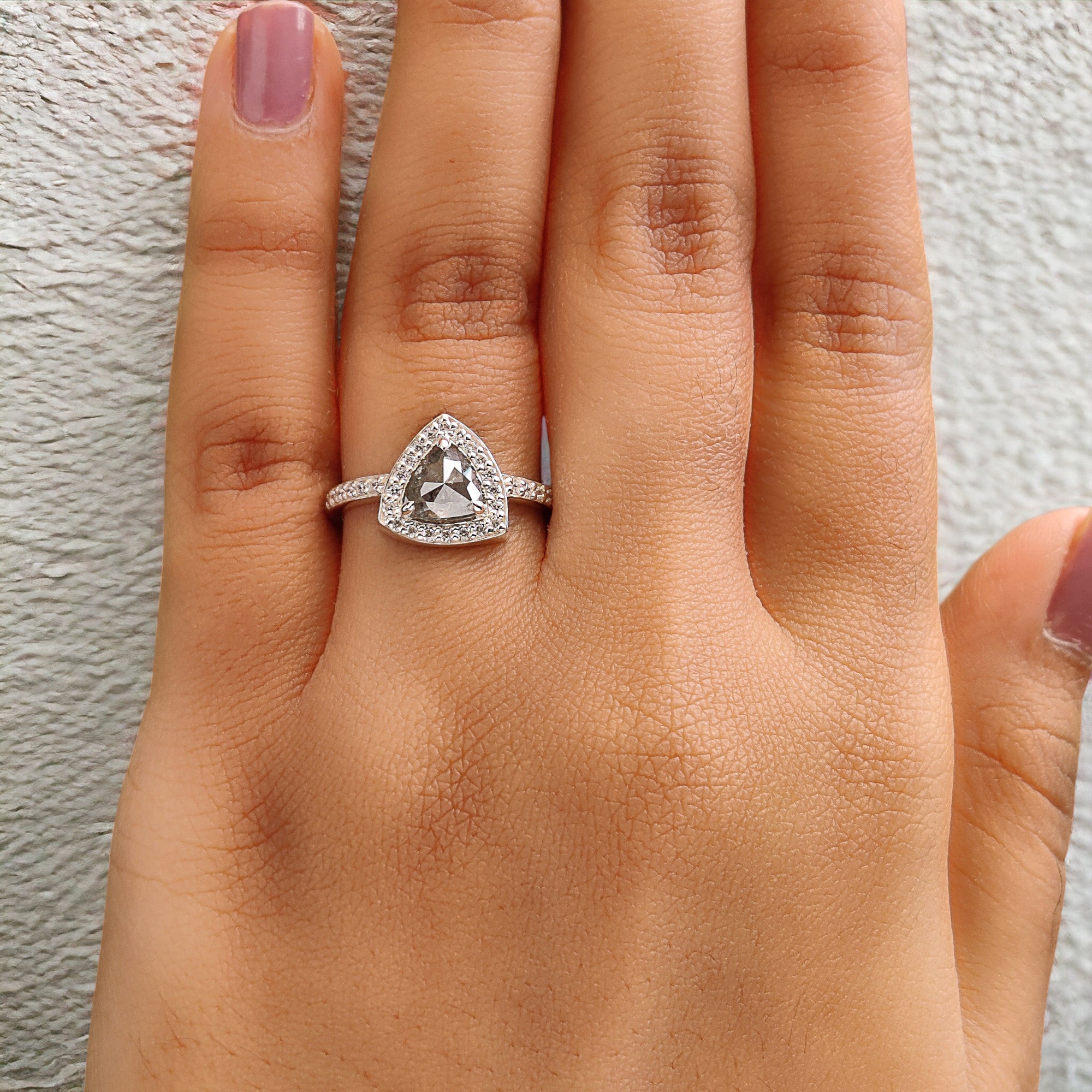 Triangle Salt And Pepper Diamond Ring 1.03 Ct 6.40 MM Triangle Diamond Ring 14K Solid White Gold Silver Engagement Ring Gift For Her QN9302