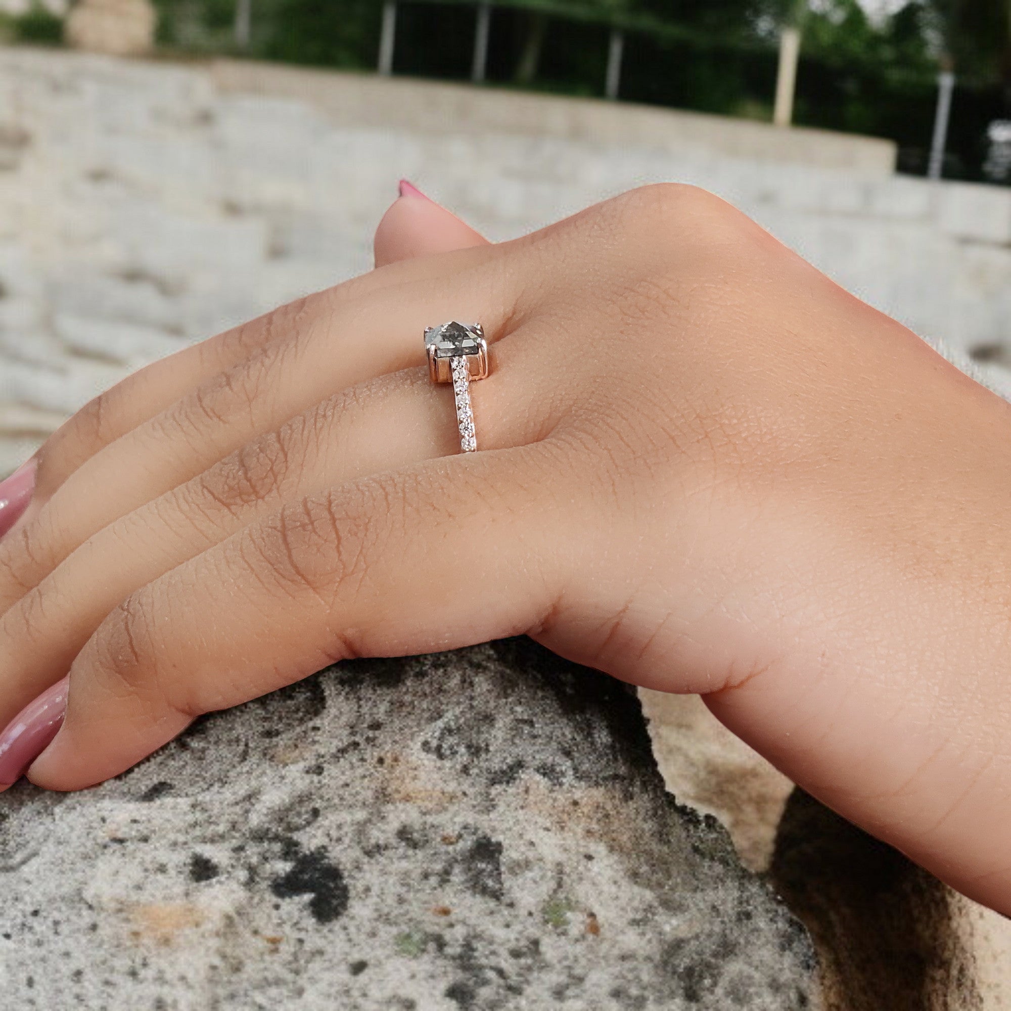 Emerald Cut Salt And Pepper Diamond Ring 0.87 Ct 5.60 MM Emerald Diamond Ring 14K Solid Rose Gold Silver Engagement Ring Gift For Her QL9510