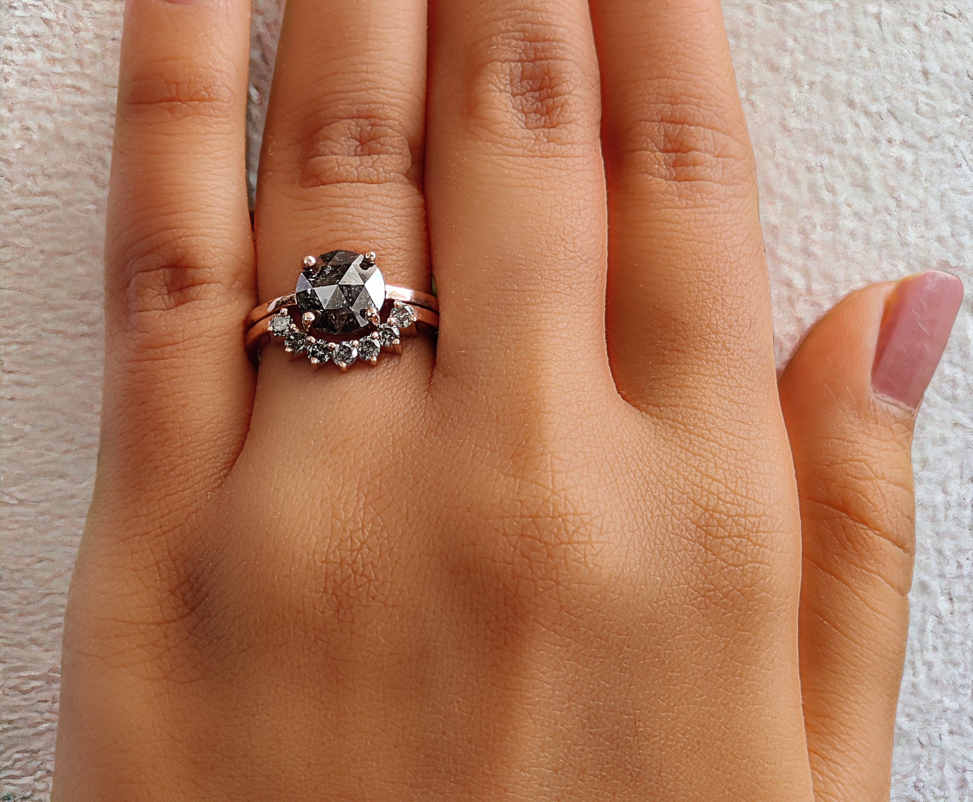 Round Rose Cut Salt And Pepper Diamond Ring 1.80 Ct 8.10 MM Round Diamond Ring 14K Rose Gold Silver Engagement Ring Gift For Her QL1536