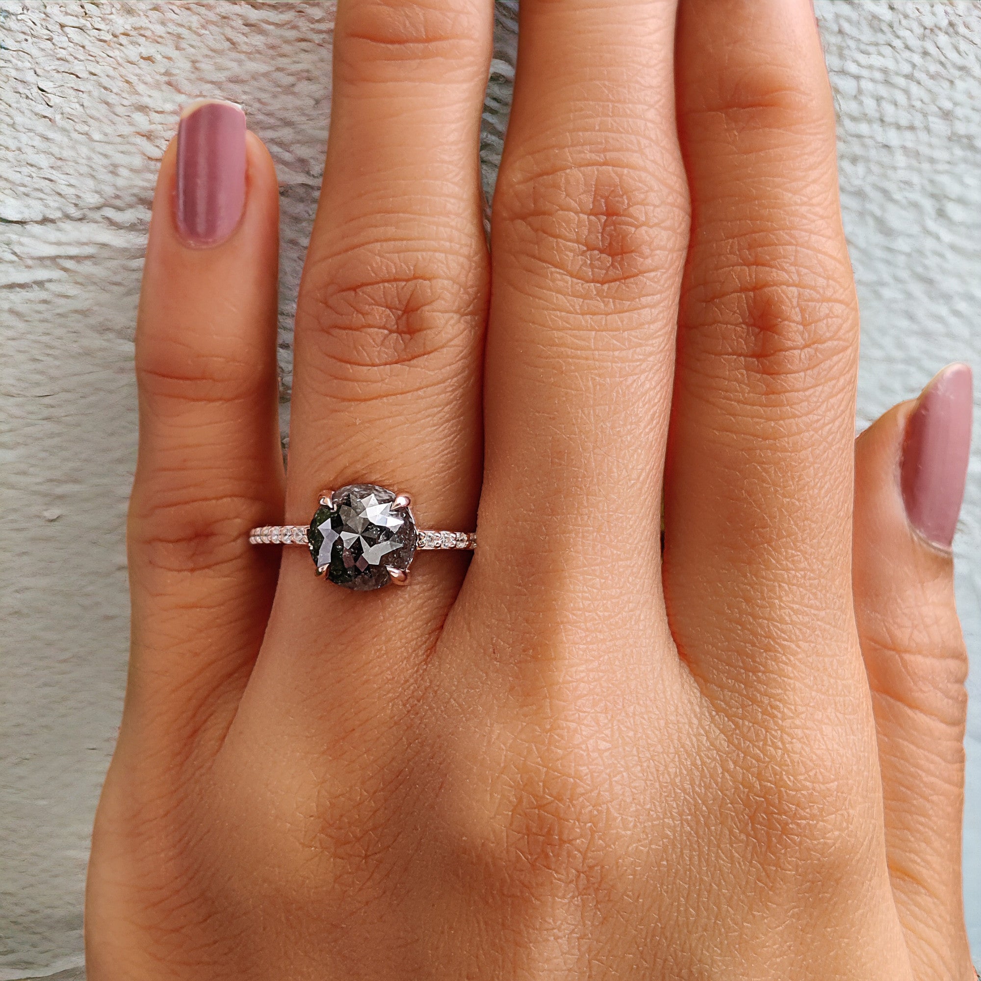 Round Rose Cut Salt And Pepper Diamond Ring 2.49 Ct 8.15 MM Round Diamond Ring 14K Rose Gold Silver Engagement Ring Gift For Her QL202