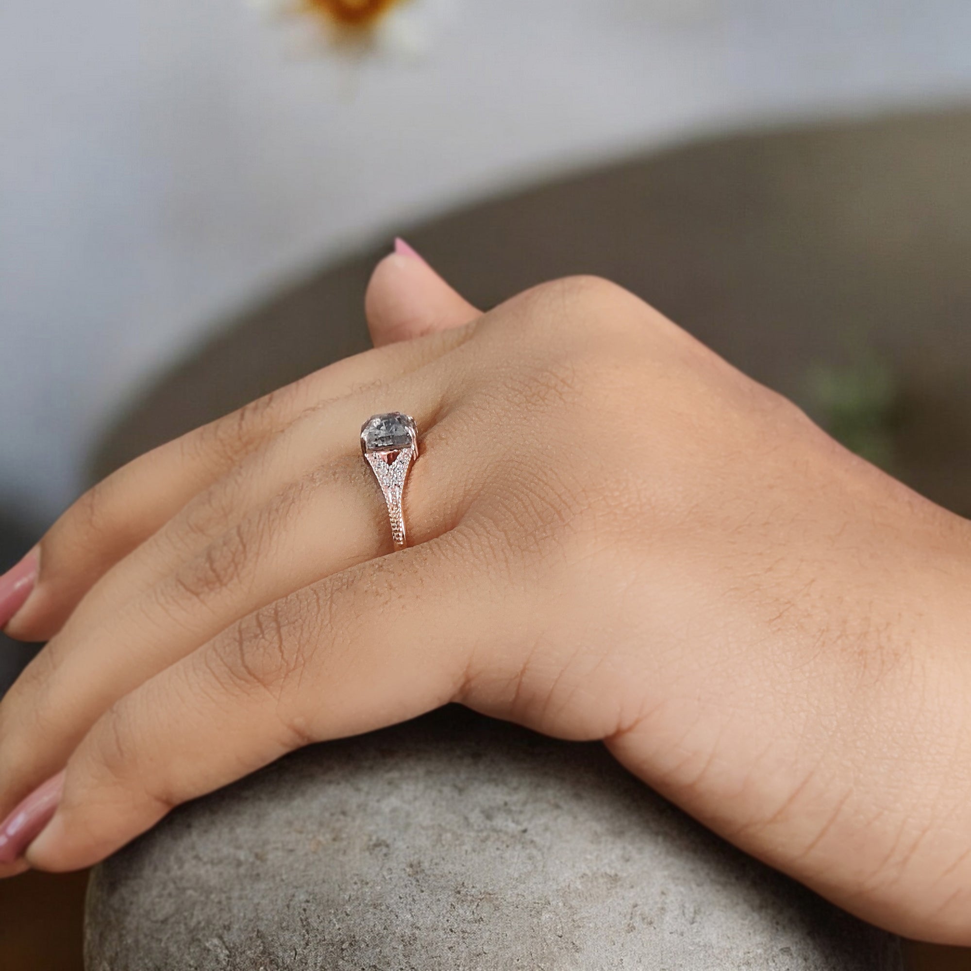 Emerald Cut Salt And Pepper Diamond Ring 0.94 Ct 5.88 MM Emerald Diamond Ring 14K Solid Rose Gold Silver Engagement Ring Gift For Her QL9559