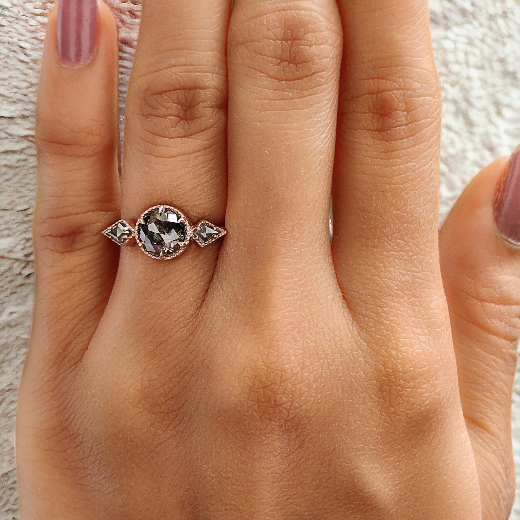 Round Rose Cut Salt And Pepper Diamond Ring 1.08 Ct 6.35 MM Round Diamond Ring 14K Rose Gold Silver Engagement Ring Gift For Her QL1402