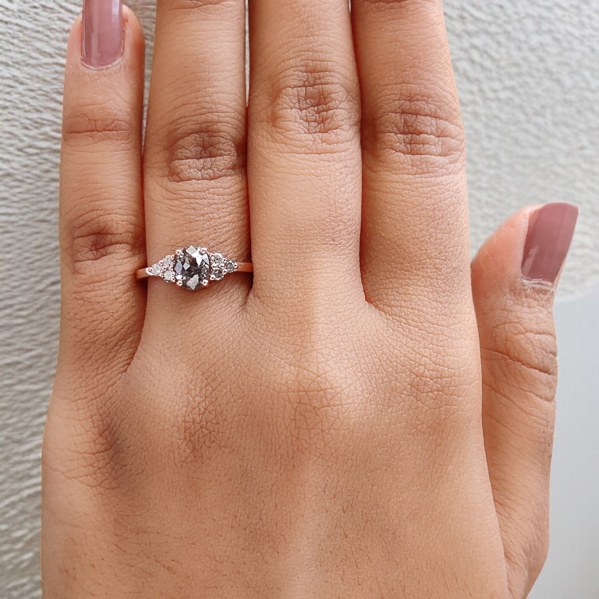 Oval Cut Salt And Pepper Diamond Ring 0.91 Ct 6.60 MM Oval Diamond Ring 14K Solid Rose Gold Silver Oval Engagement Ring Gift For Her QL665