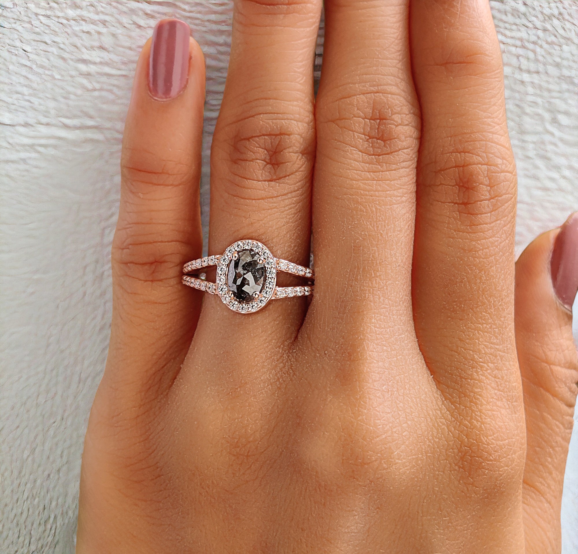 Oval Cut Salt And Pepper Diamond Ring 0.84 Ct 6.95 MM Oval Diamond Ring 14K Solid Rose Gold Silver Oval Engagement Ring Gift For Her QN829