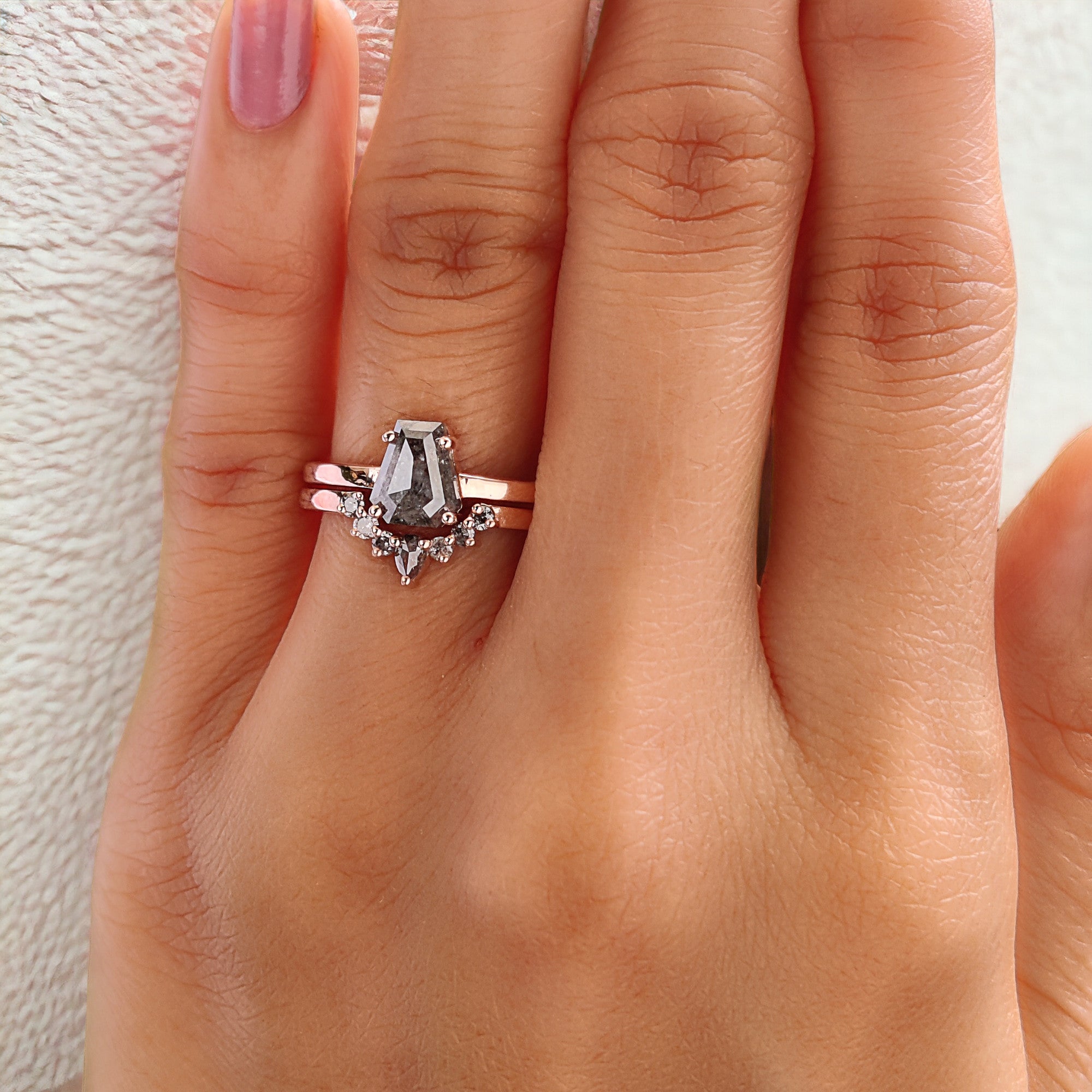 Coffin Cut Salt And Pepper Diamond Ring 0.97 Ct 6.70 MM Coffin Diamond Ring 14K Solid Rose Gold Silver Engagement Ring Gift For Her QN1553