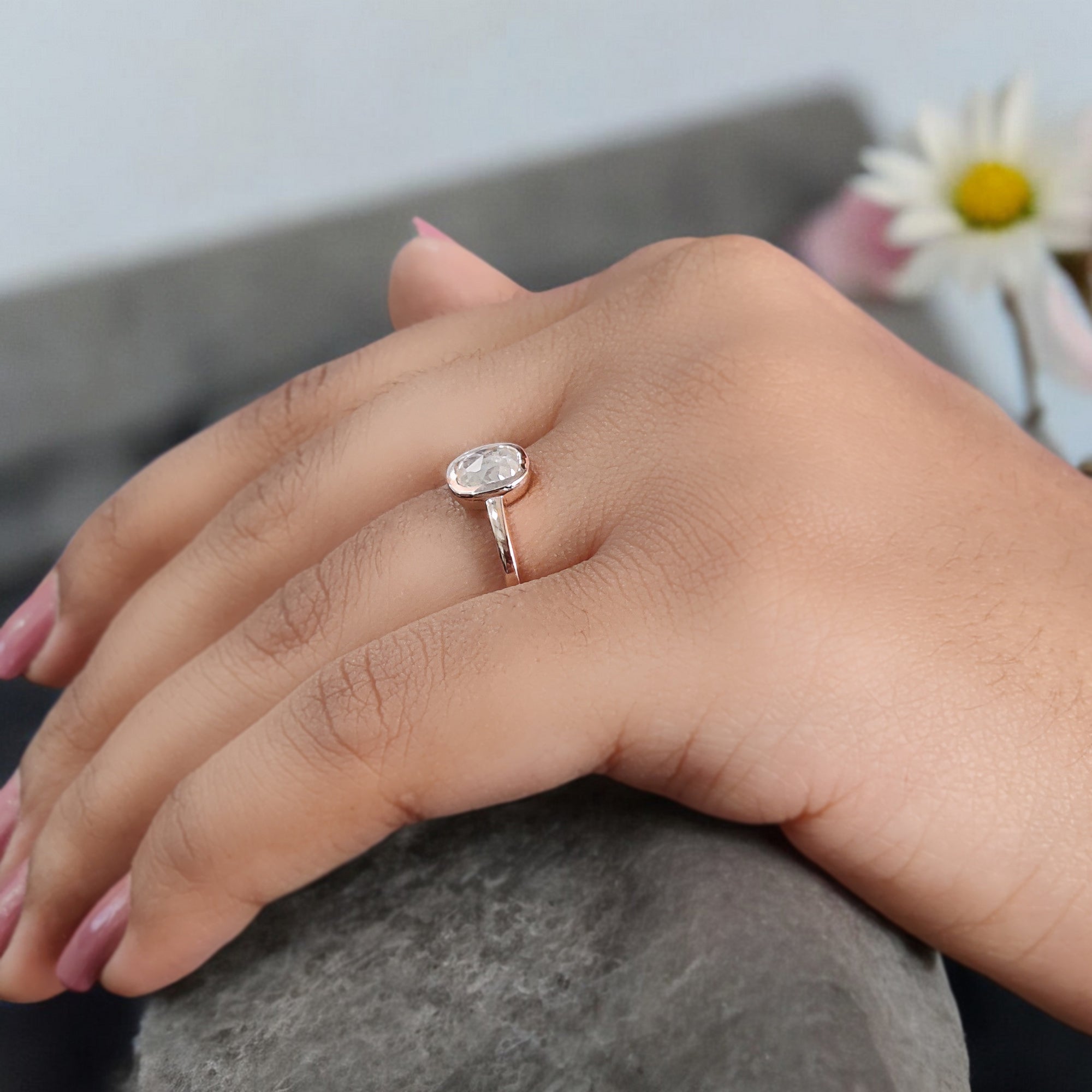 Cushion Cut Grey Color Diamond Ring 0.94 Ct 5.90 MM Cushion Diamond Ring 14K Solid Rose Gold Silver Engagement Ring Gift For Her QL5089