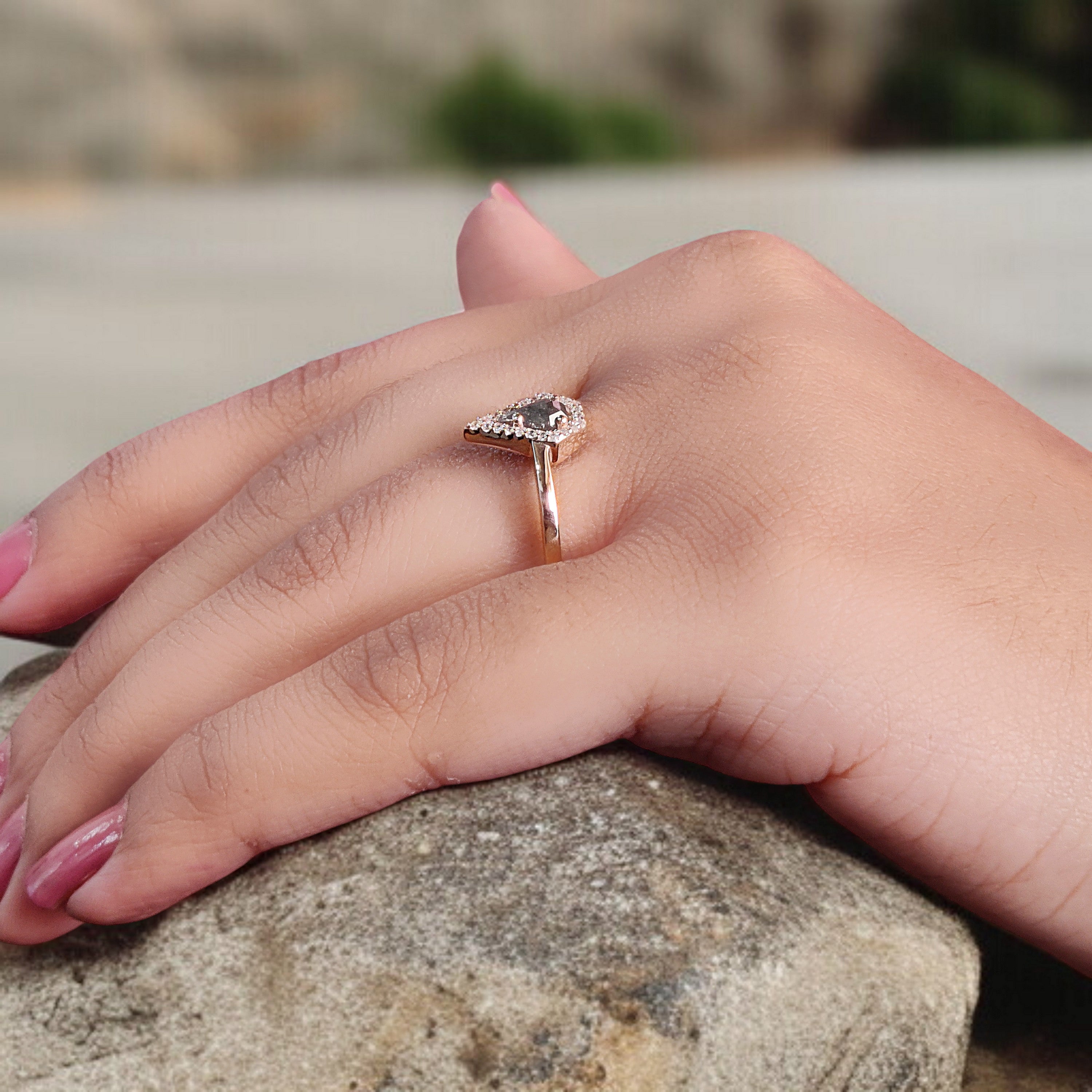 Shield Cut Salt And Pepper Diamond Ring 0.35 Ct 6.00 MM Shield Diamond Ring 14K Solid Rose Gold Silver Engagement Ring Gift For Her KD1114