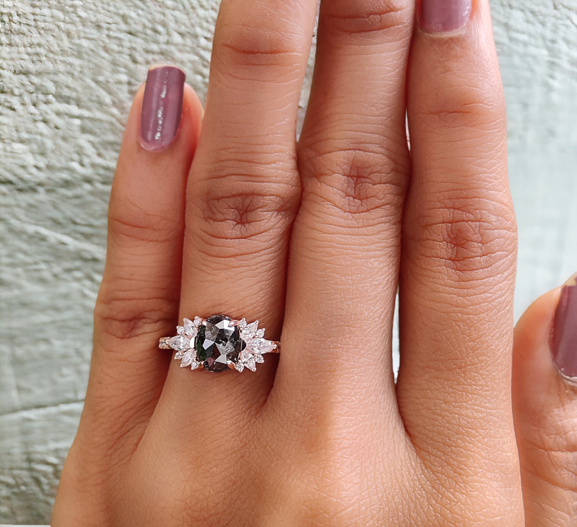 Oval Cut Salt And Pepper Diamond Ring 1.18 Ct 7.45 MM Oval Diamond Ring 14K Solid Rose Gold Silver Oval Engagement Ring Gift For Her QL2273